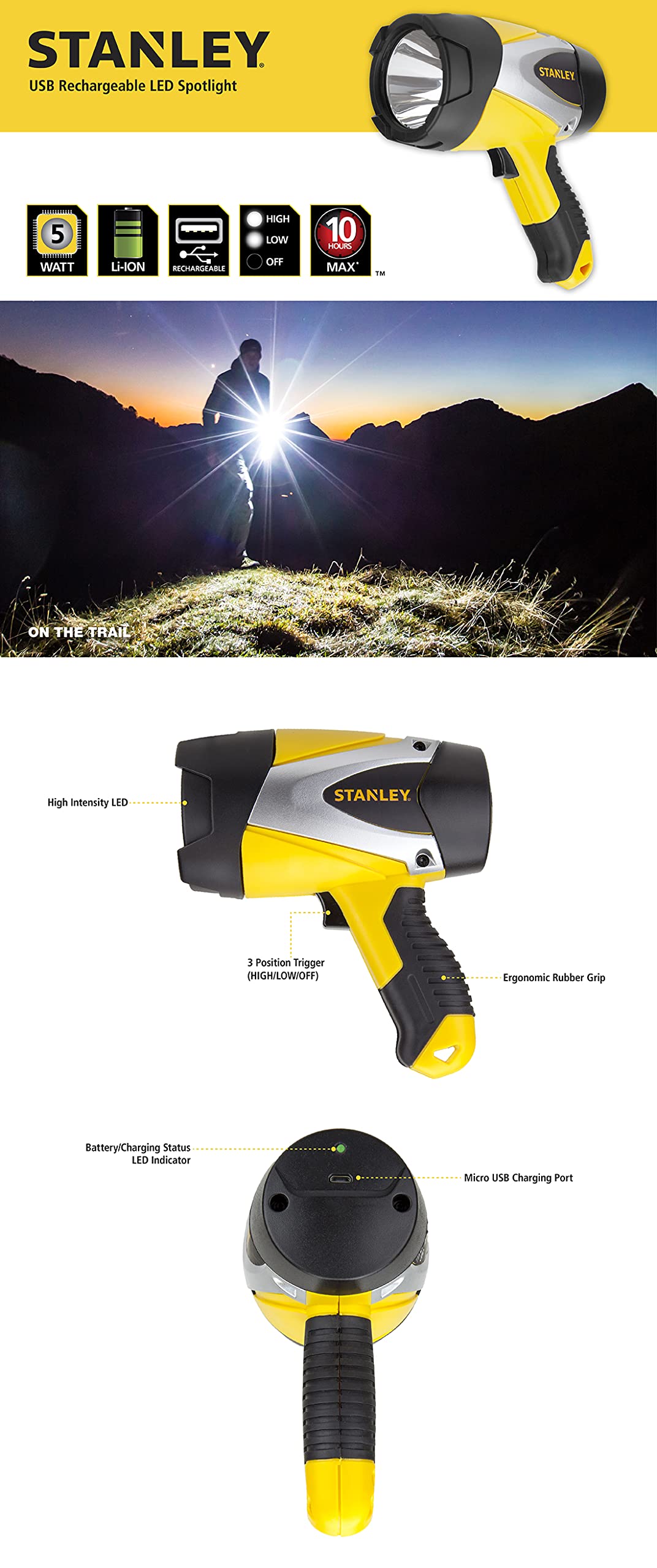 STANLEY Rechargeable LED Spotlight Flashlight 1000 Lumen Yellow Model SL5W09 Plastic