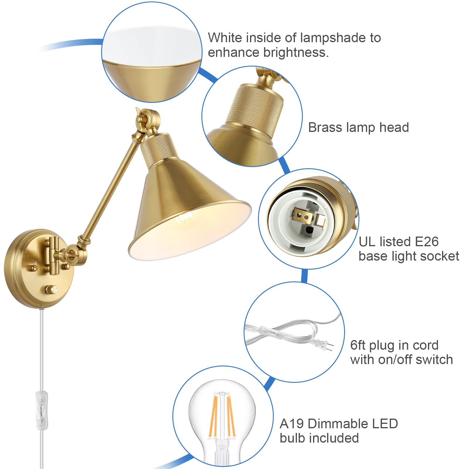 TRLIFE Wall Sconce, Dimmable Brass Swing Arm Light, 1 Pack, Gold, Model Arm-SconceBr-01