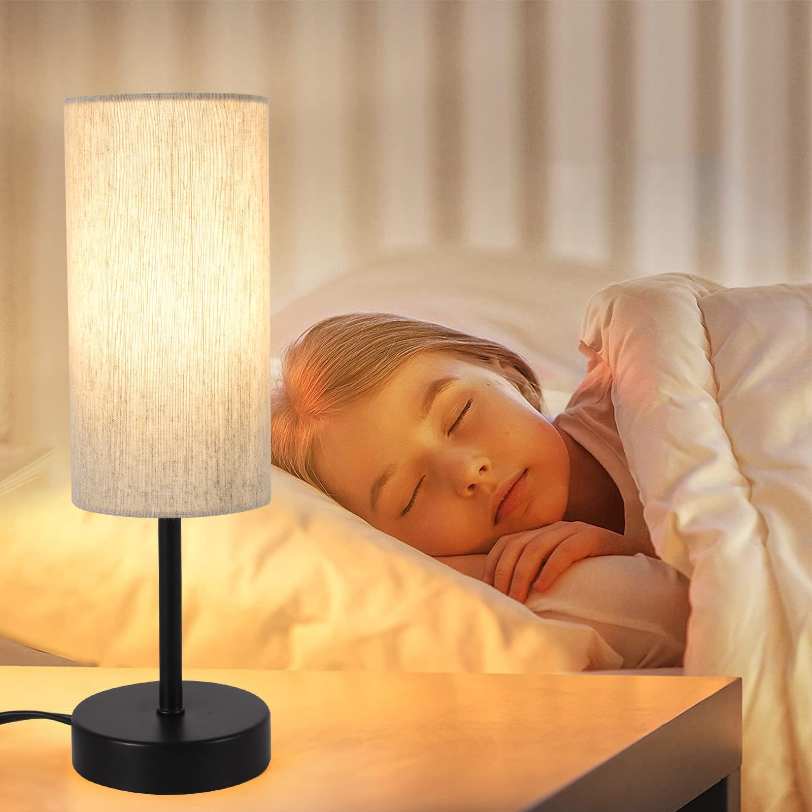 RISLG Small Beige-Black Table Lamp, 13in Minimalist Modern Bedside Lamp with Linen Shade for Bedroom, Living Room, Office, Kids Room