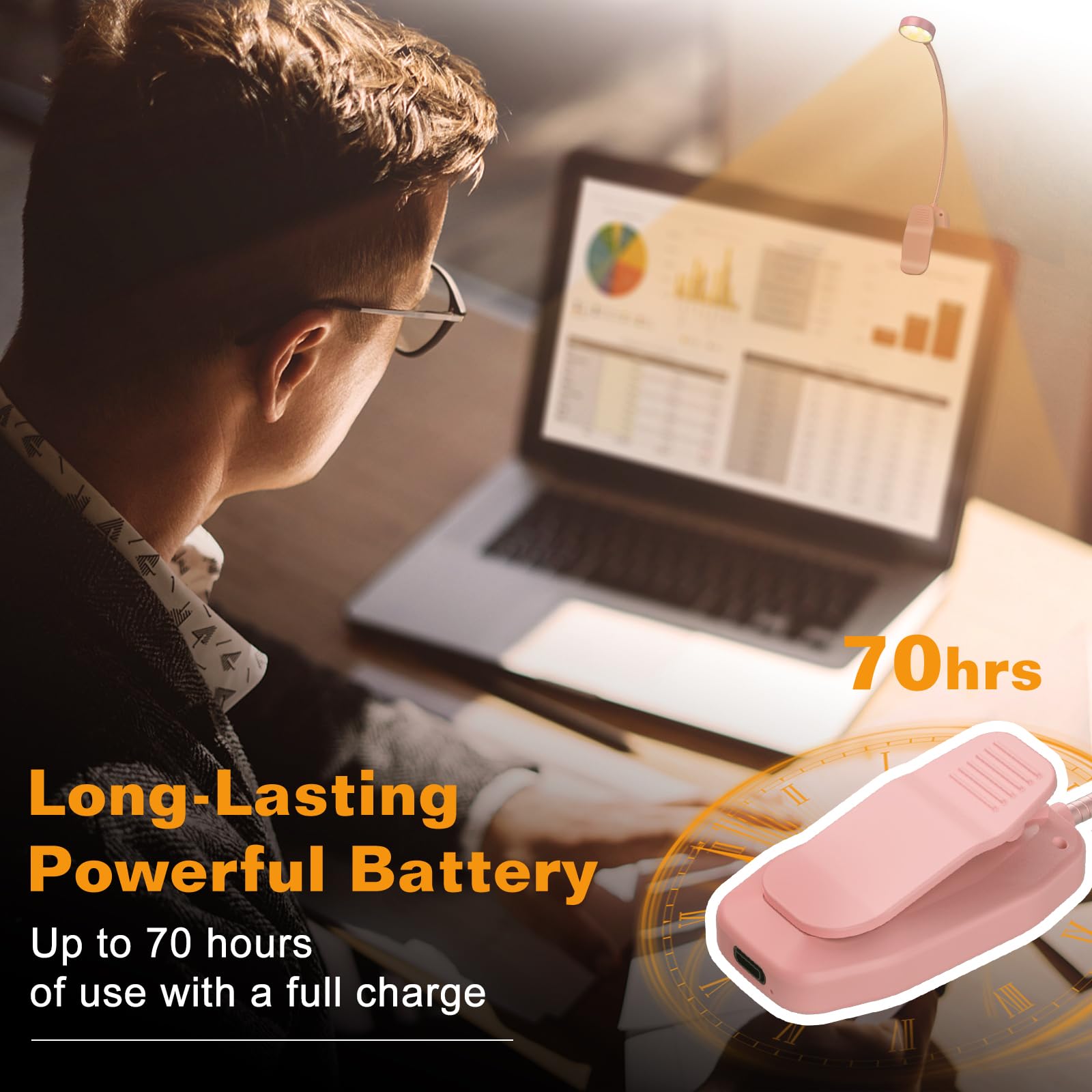 KTEBO Rechargeable Book Reading Light - Adjustable Brightness, 3 Color Temperatures, 30+ Hours Runtime, Black & Pink, Model BHLBL-3