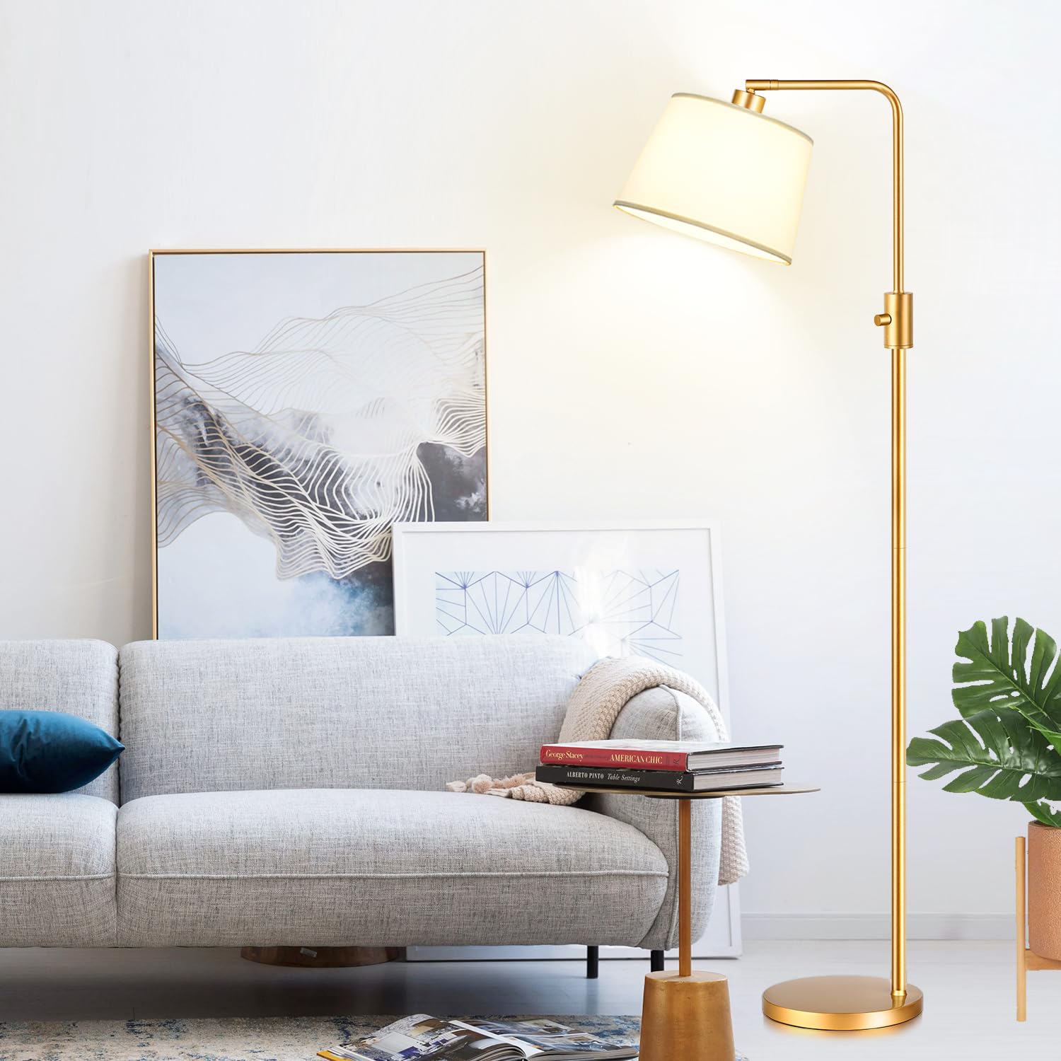 Nintiue Dimmable Floor Lamp, 1000 Lumens LED, Arc Design, Gold-Linen Shade, Model FL16886, Modern Standing Lamp for Living Room and Office