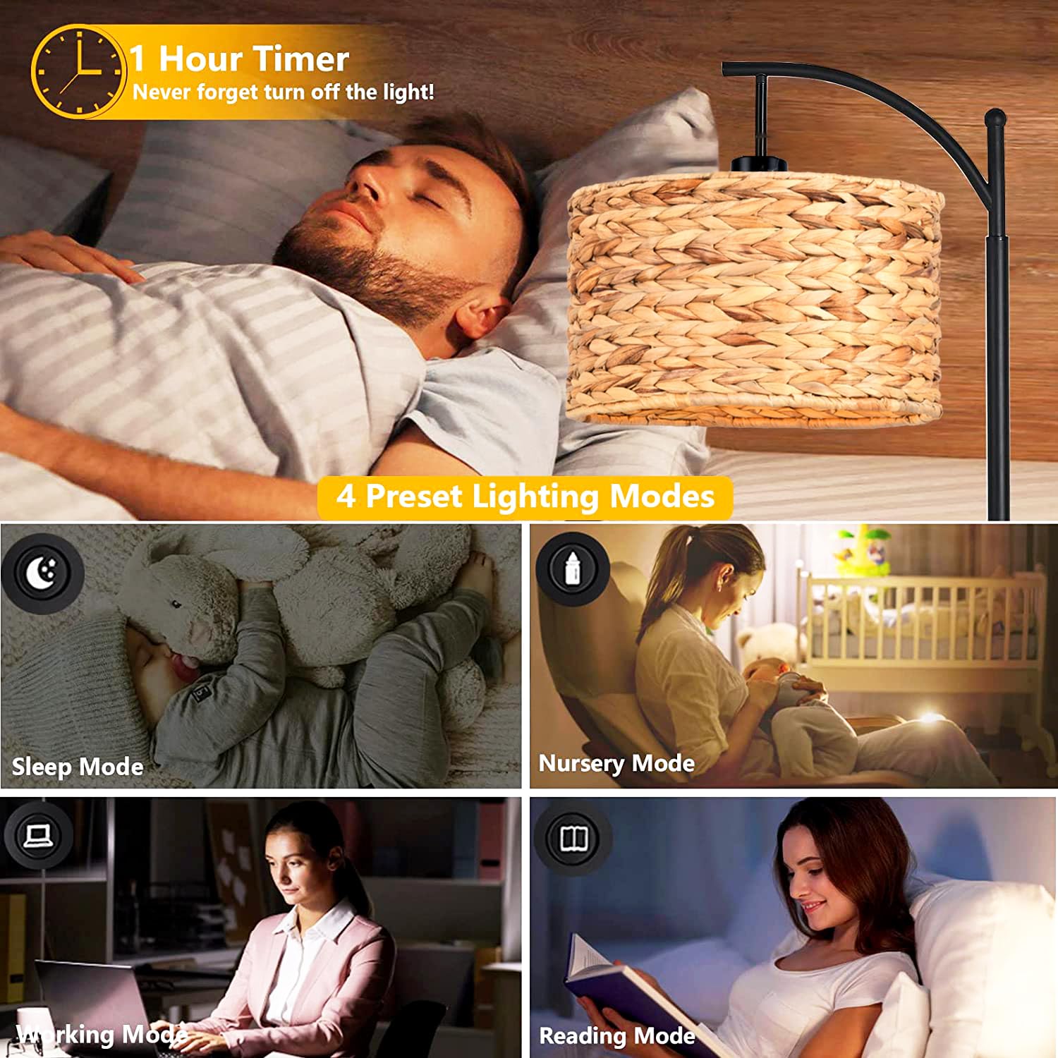 Qiyizm Floor Lamp For Living Room Bedroom With Remote Boho Rattan Standing Lamp Dimmable Black Farmhouse Wicker Bamboo Lamp Shad