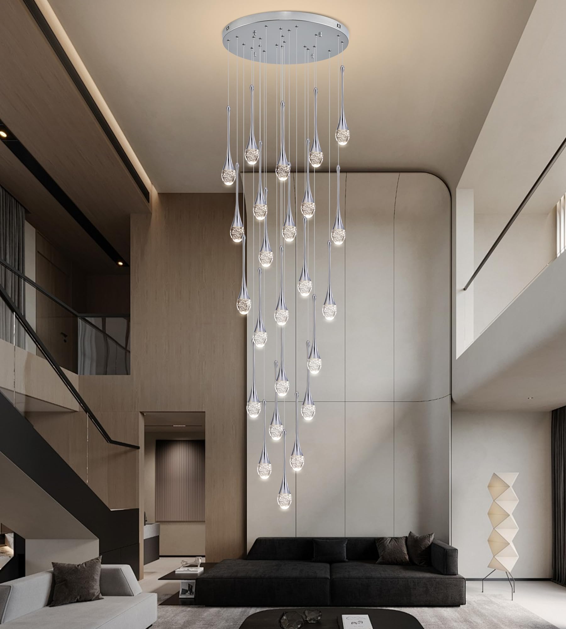 Upfelw Modern Crystal Chandelier 24 Lights, Polished Chrome, Dimmable LED, Model UCC-S24-0436, High Ceiling Foyer Light Fixture