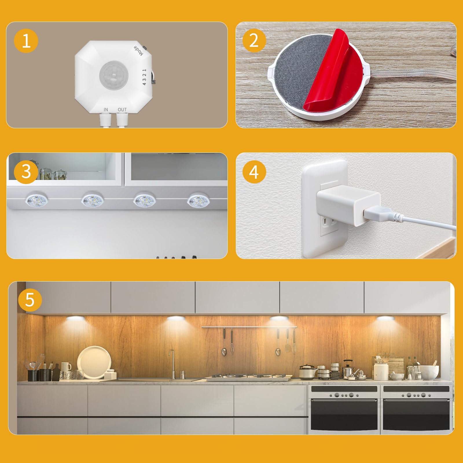 Under Cabinet Motion Sensor Lights, 3 White Color Plug-In, Indoor For Kitchen, Closet, Stairs