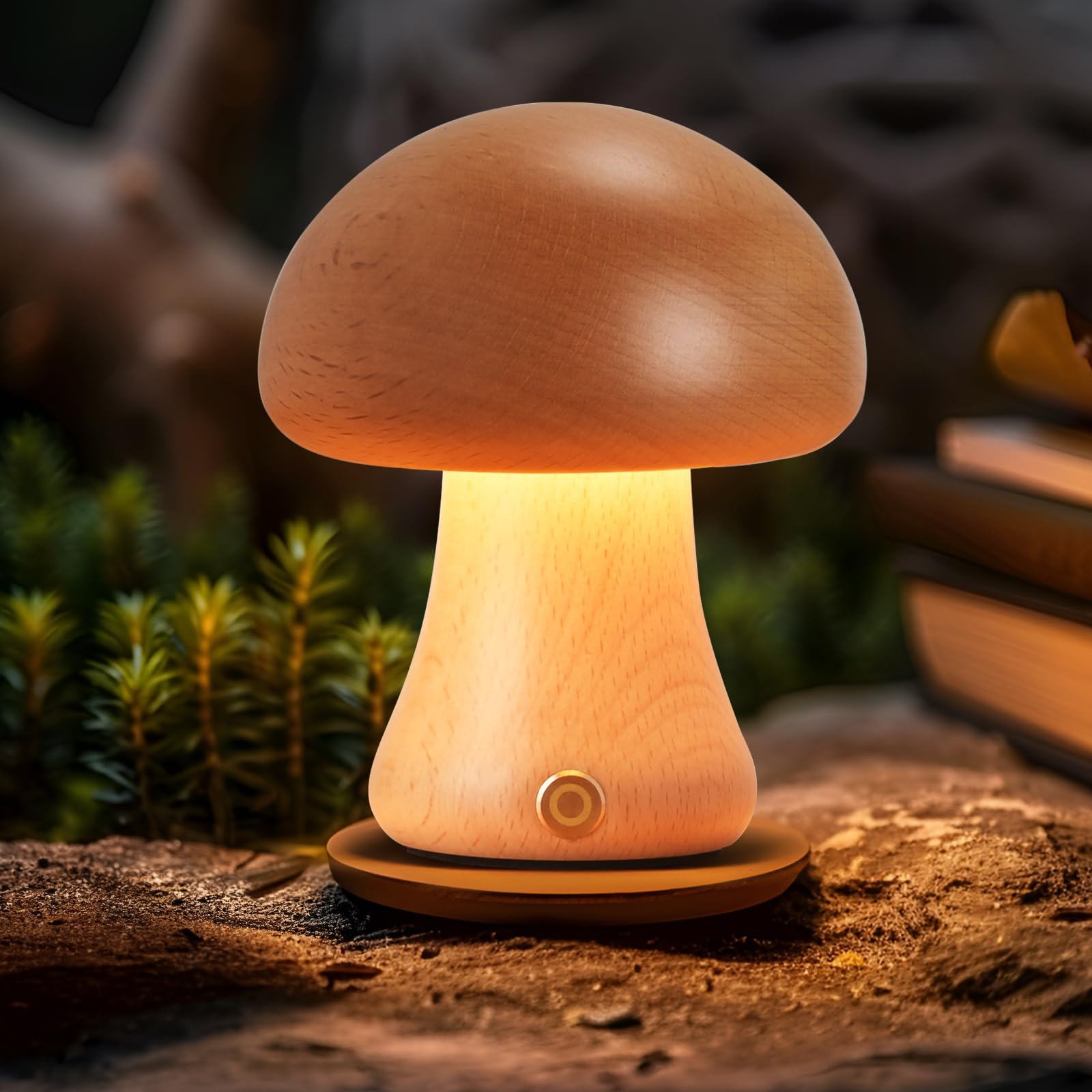 LONRISWAY Creative Wood Mushroom Table Lamp, Portable Cordless Small Lamp, Rechargeable Battery Operated Lamp,Stepless Dimming, 