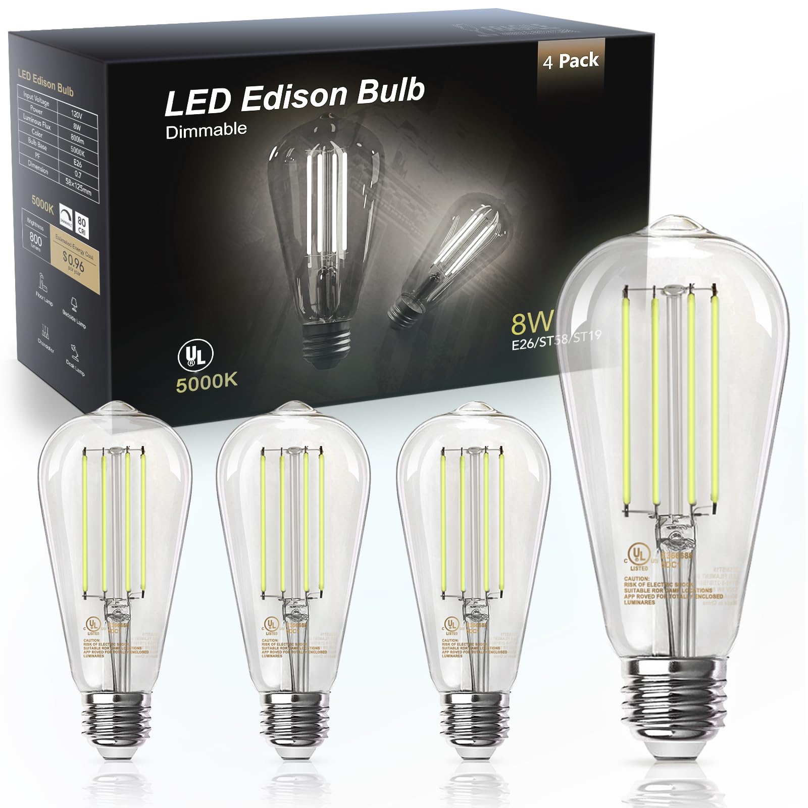 TJOY Vintage LED Light Bulbs, Dimmable, 60W Equivalent, 8W, 800LM, Clear Glass, 4 Pack, 5000K Daylight
