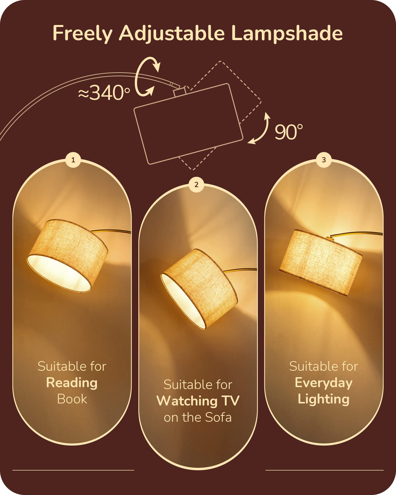 EDISHINE Gold Arched Floor Lamp, Mid Century Modern, Dimmable Bulb, 78.3in, Model HLFL04X
