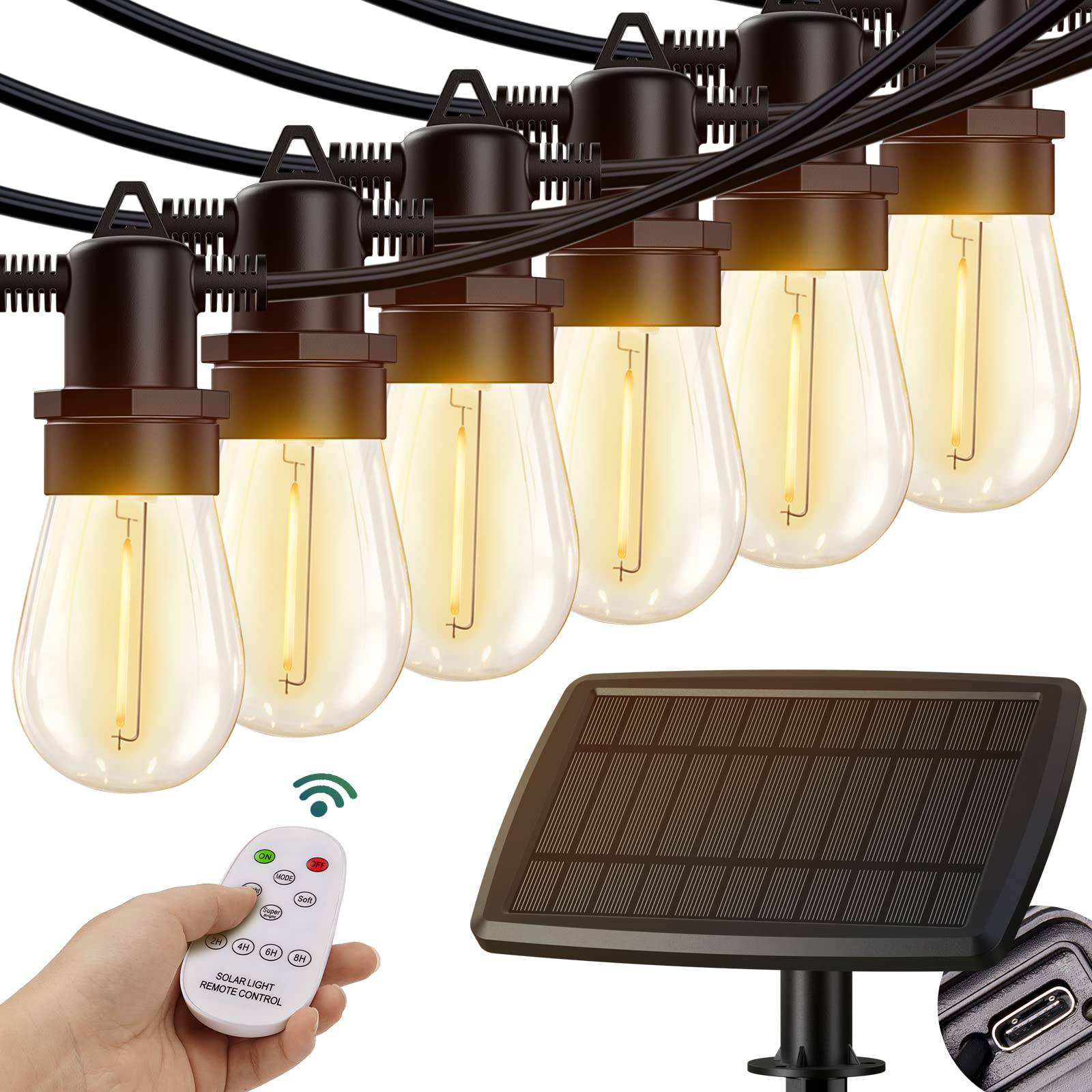 Kyy Solar String Lights 54Ft With Remote, Waterproof Led Edison Bulbs, Usb Port, Ul Listed