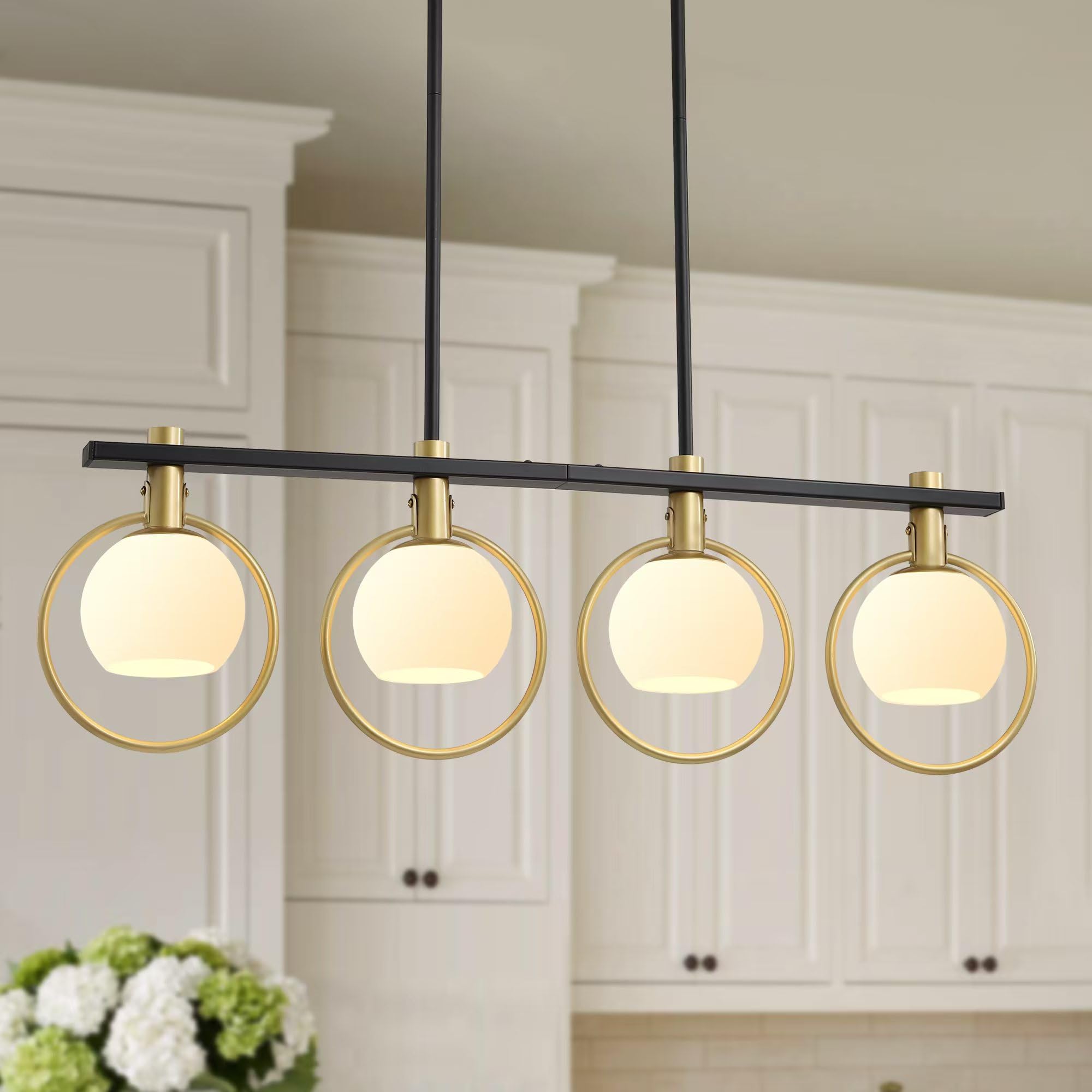 Kveosv 4-Light Gold Black Chandelier Modern Dining Room Lighting with Milk Glass Globe Shade, Model 5981ce6c-ed97-41aa-b9f2-fff7bd