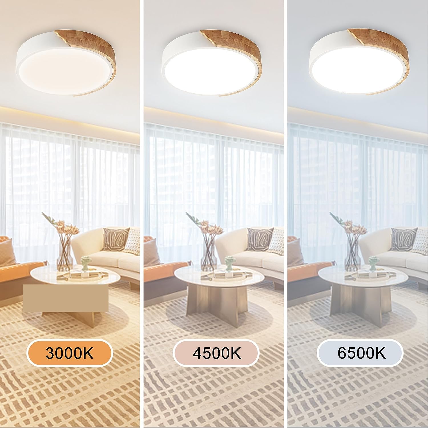 Wood Led Flush Mount Ceiling Light  3Cct 3000K-6500K Modern Round Close To Ceiling Lighting Fixtures 12 Inch Minimalist White Ceiling Lamp For Living Room  Bedroom  Laundry Room  Not Dimmable