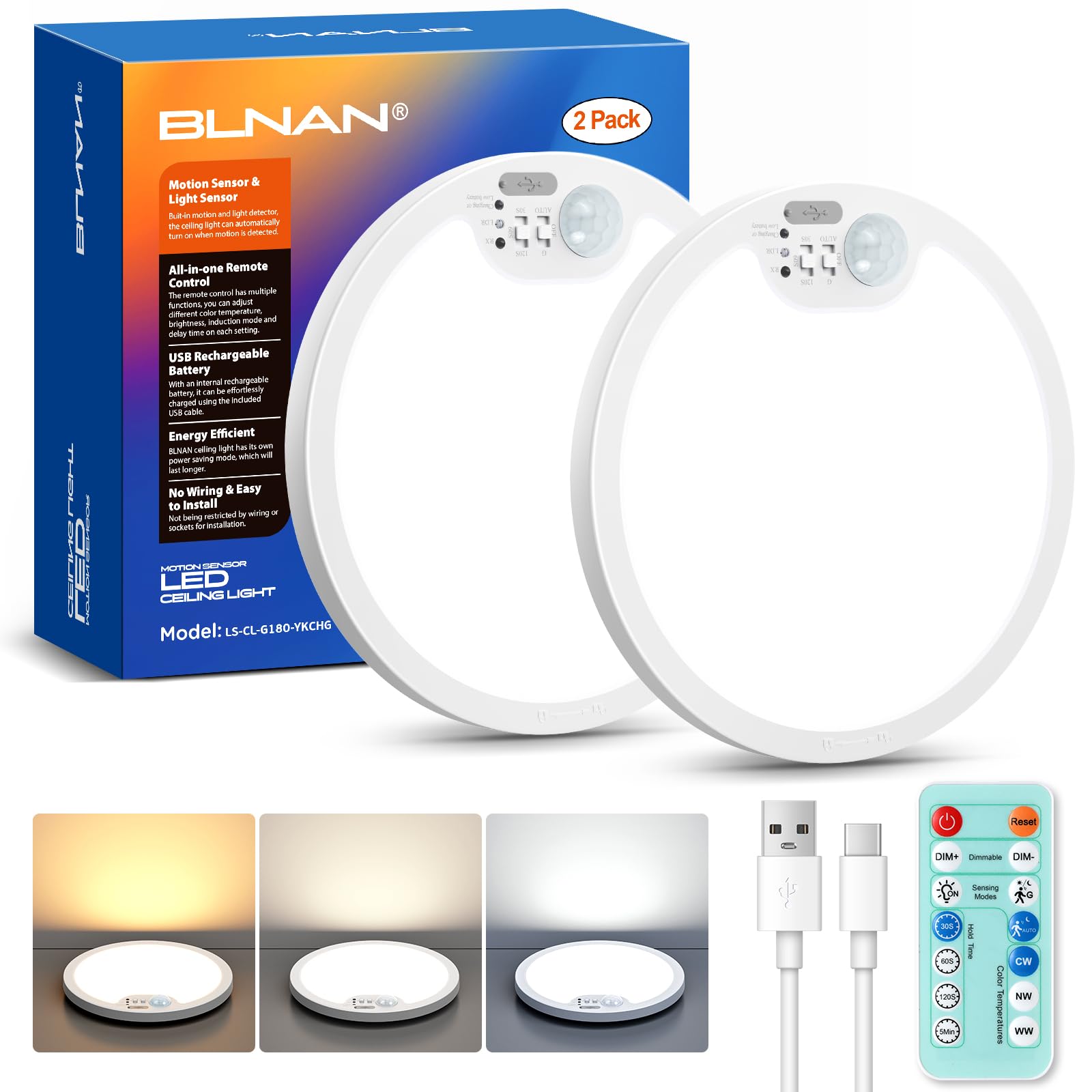 BLNAN Rechargeable Motion Sensor Ceiling Light with Remote, Battery Operated Ceiling Light, 3 Color Temperatures LED Shower Ligh