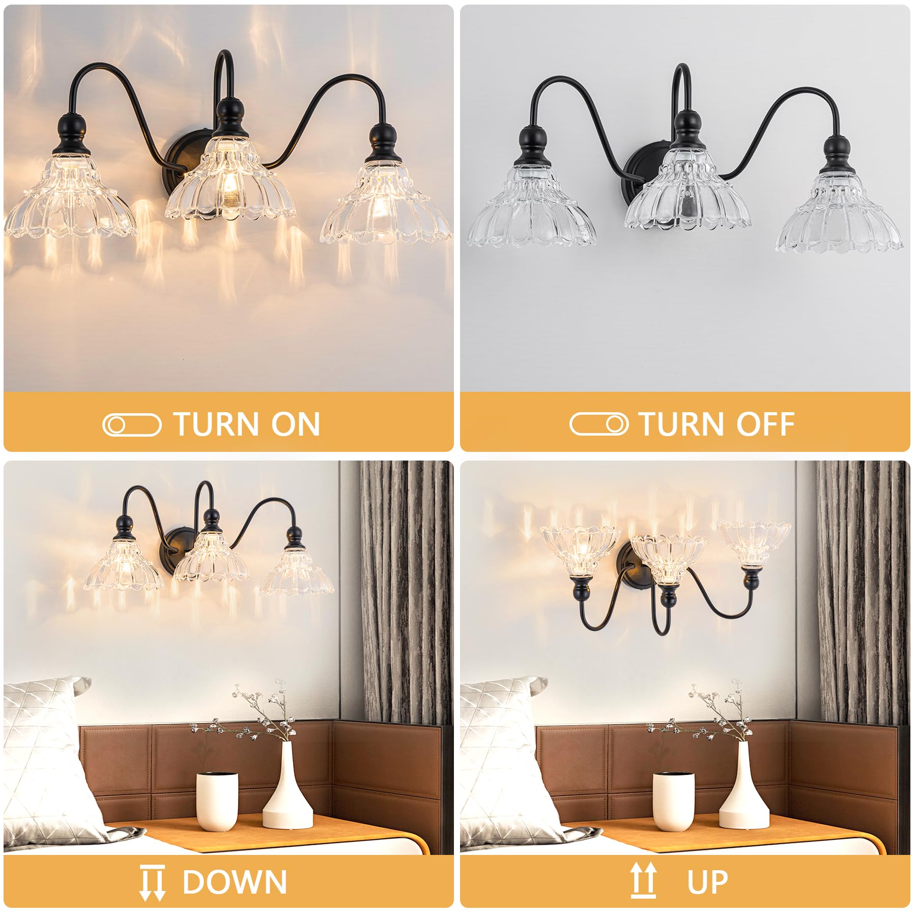 BrkNit 3-Light Black Vintage Bathroom Wall Sconce - Stainless Steel with Flower Glass Shade, Farmhouse Vanity Lighting for Bedroom and Hallway