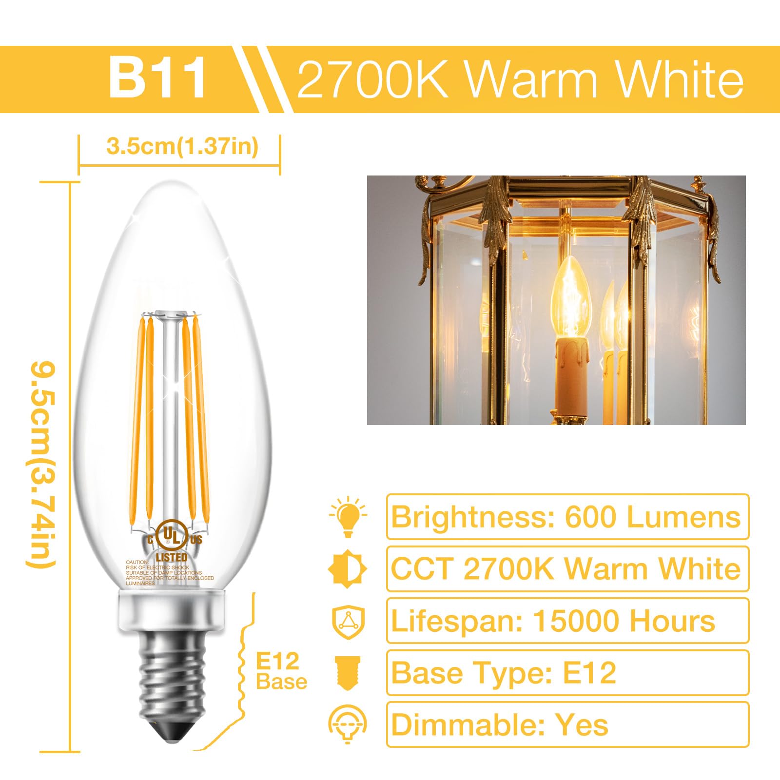 Daybetter B11 Chandelier Light, Dimmable E12 Led 60W Equivalent, Candelabra Bulbs, High Brightness 600 Lm Warm White 2700K, Fila