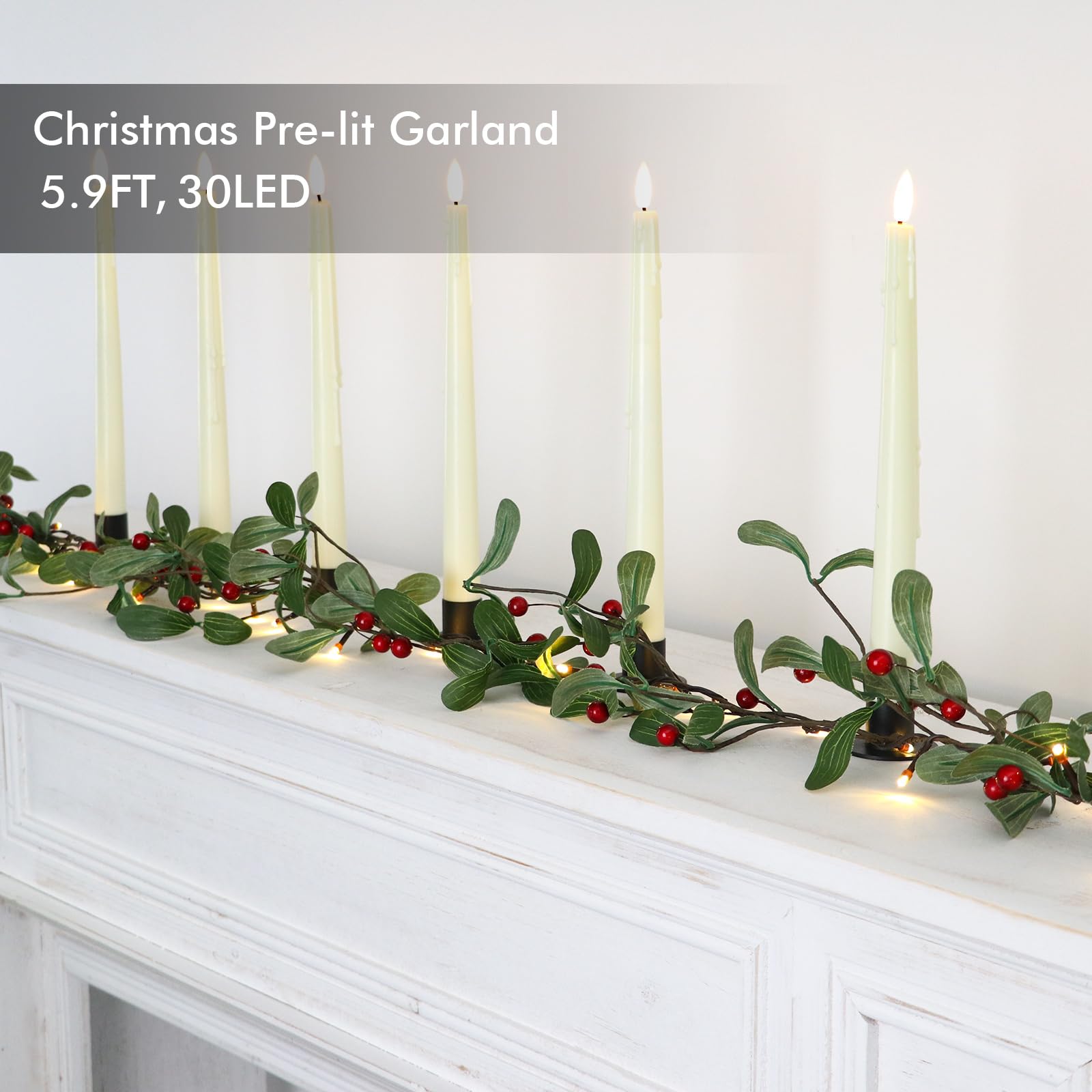 Rhytsing Pre-lit Garland with 30 LED Lights, 5.9FT Red & Green, Battery Operated with Timer for Christmas Mantel Decoration