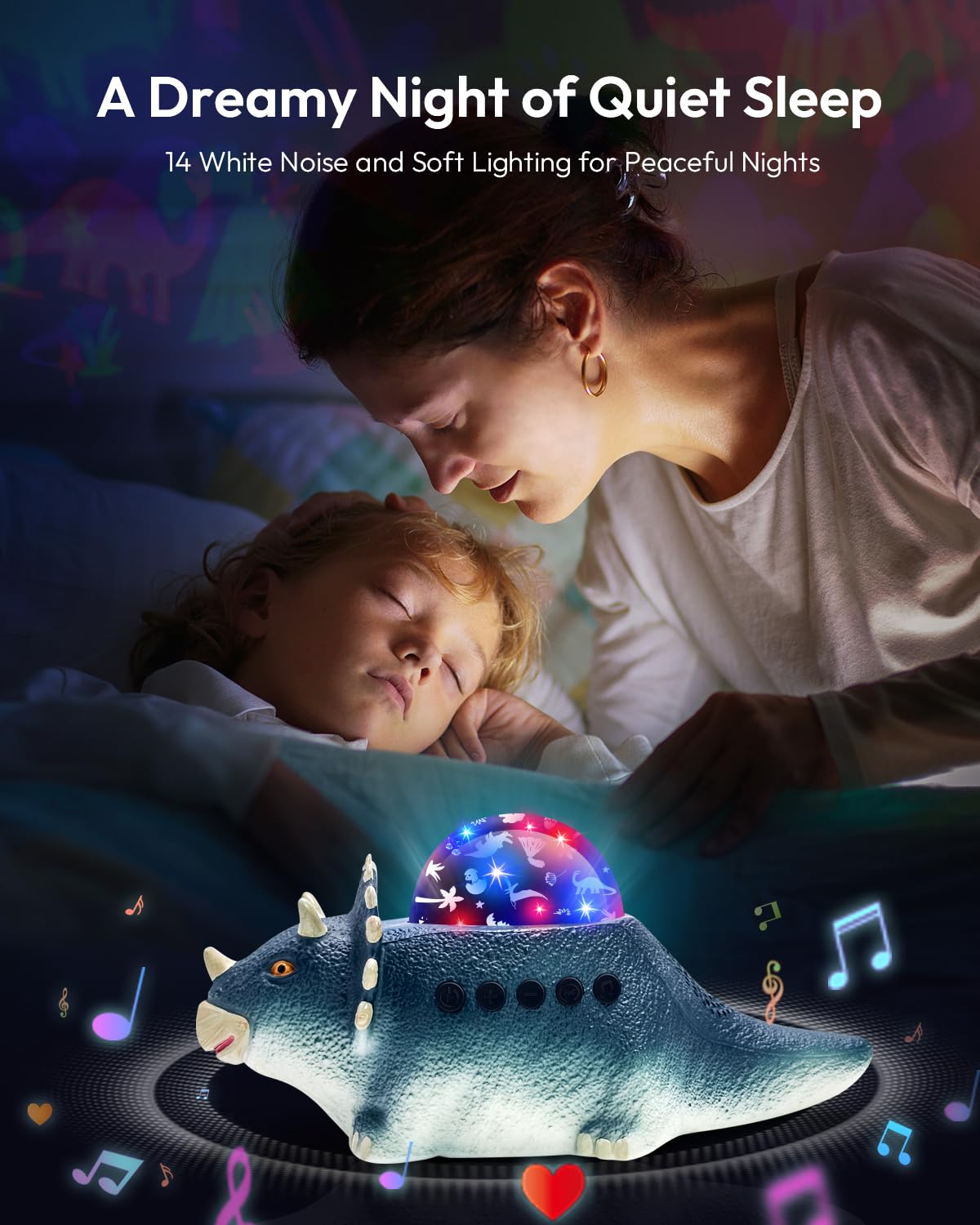 Beslike Dinosaur Night Light Projector for Kids, 360° Rotation, 14 Noises, Blue, ABS Plastic, Model B1, Perfect Gift for Ages 3-8