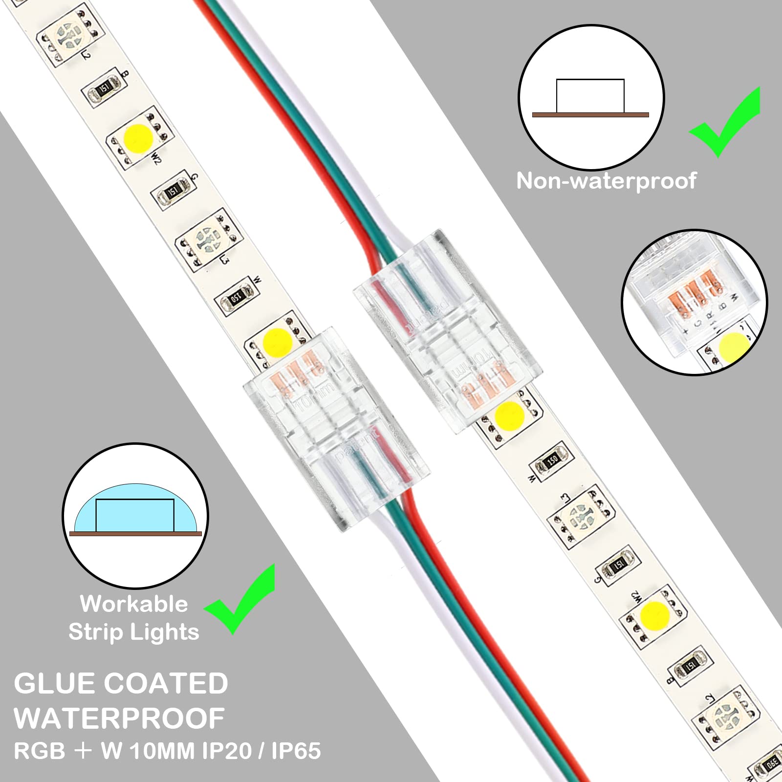 20 Pack 4 Pin 10Mm Solderless Led Strip Connector Transparent Track Lighting Led Pin Connectors With Wire Strip 16.4Ft For 5050(