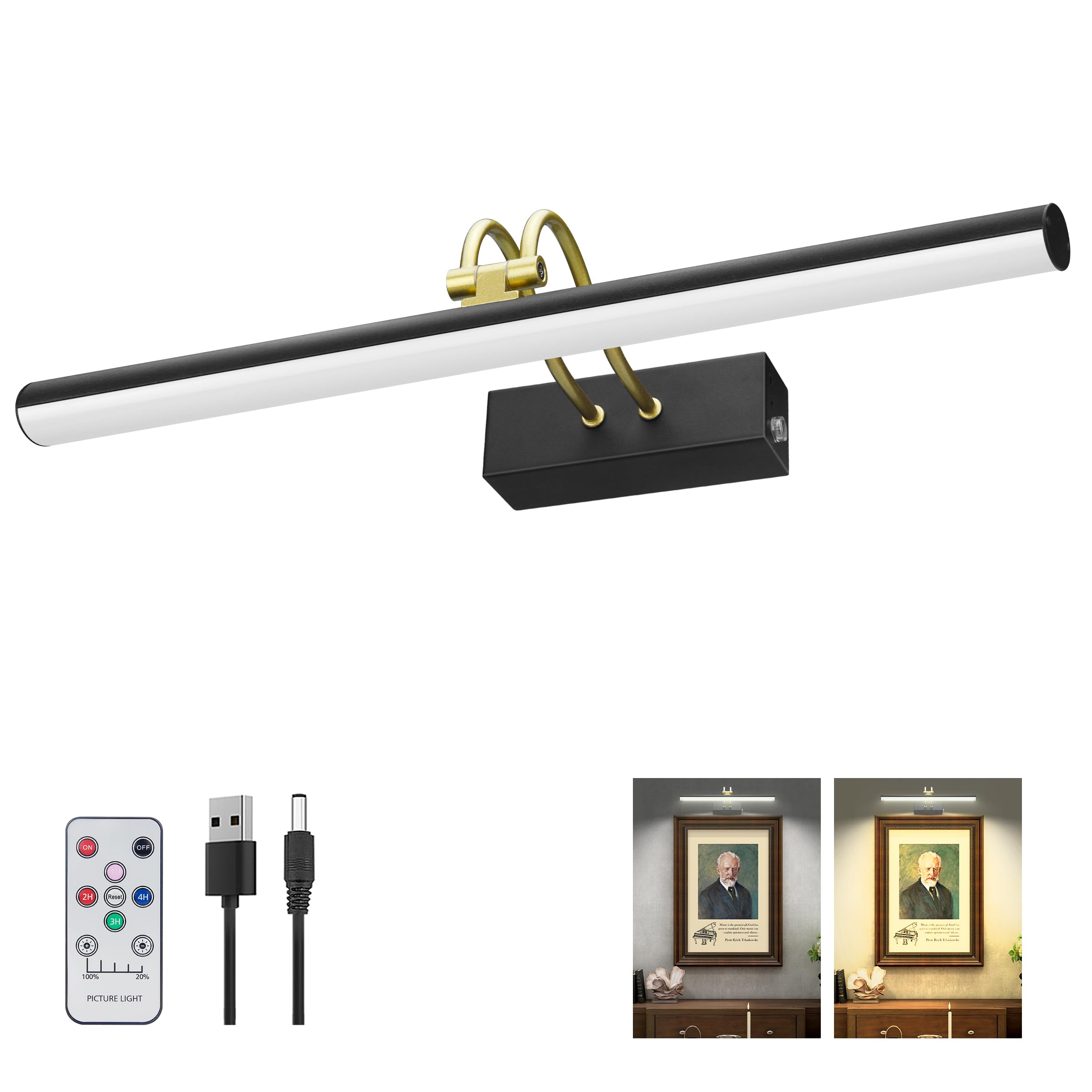 RAIFOOLLY Picture Light, 16in Battery Operated, Remote Control, Dimmable, Metal, Rose Gold, Model RF00131