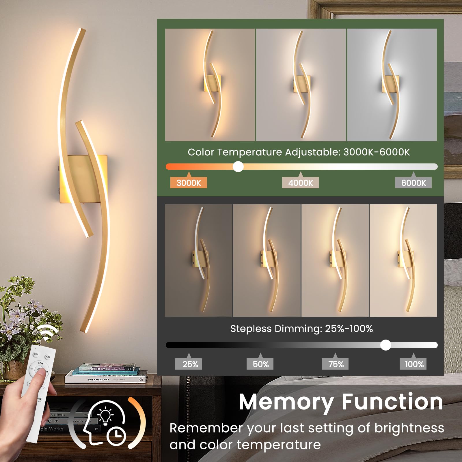 Sovinzert Wall Sconce, Gold LED Light with Remote Control, 3000K-6000K, Rechargeable, 39.3 Inch