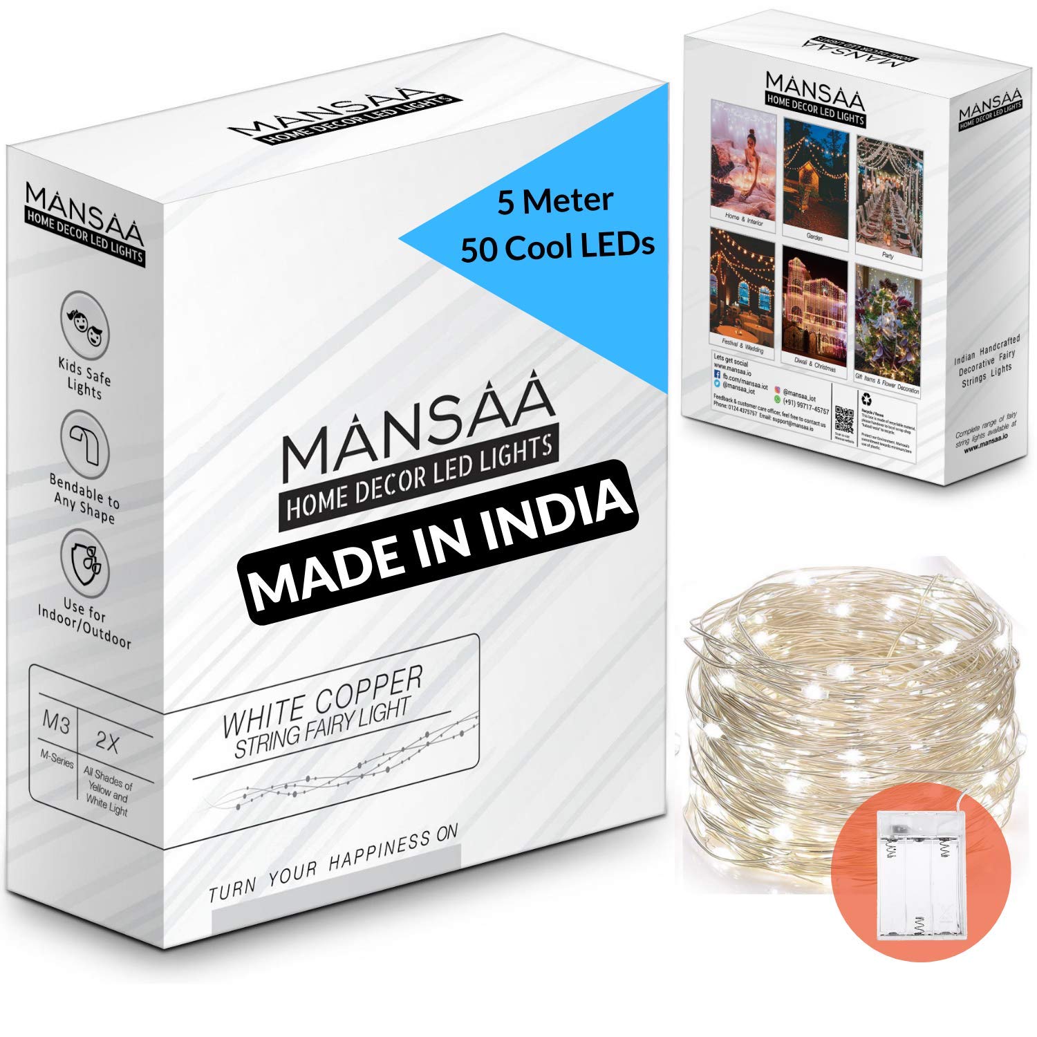 MANSAA M25 Battery Operated LED String Light | 5 Meter 50 LEDs | White Color | Battery Led Lights | Home Decor