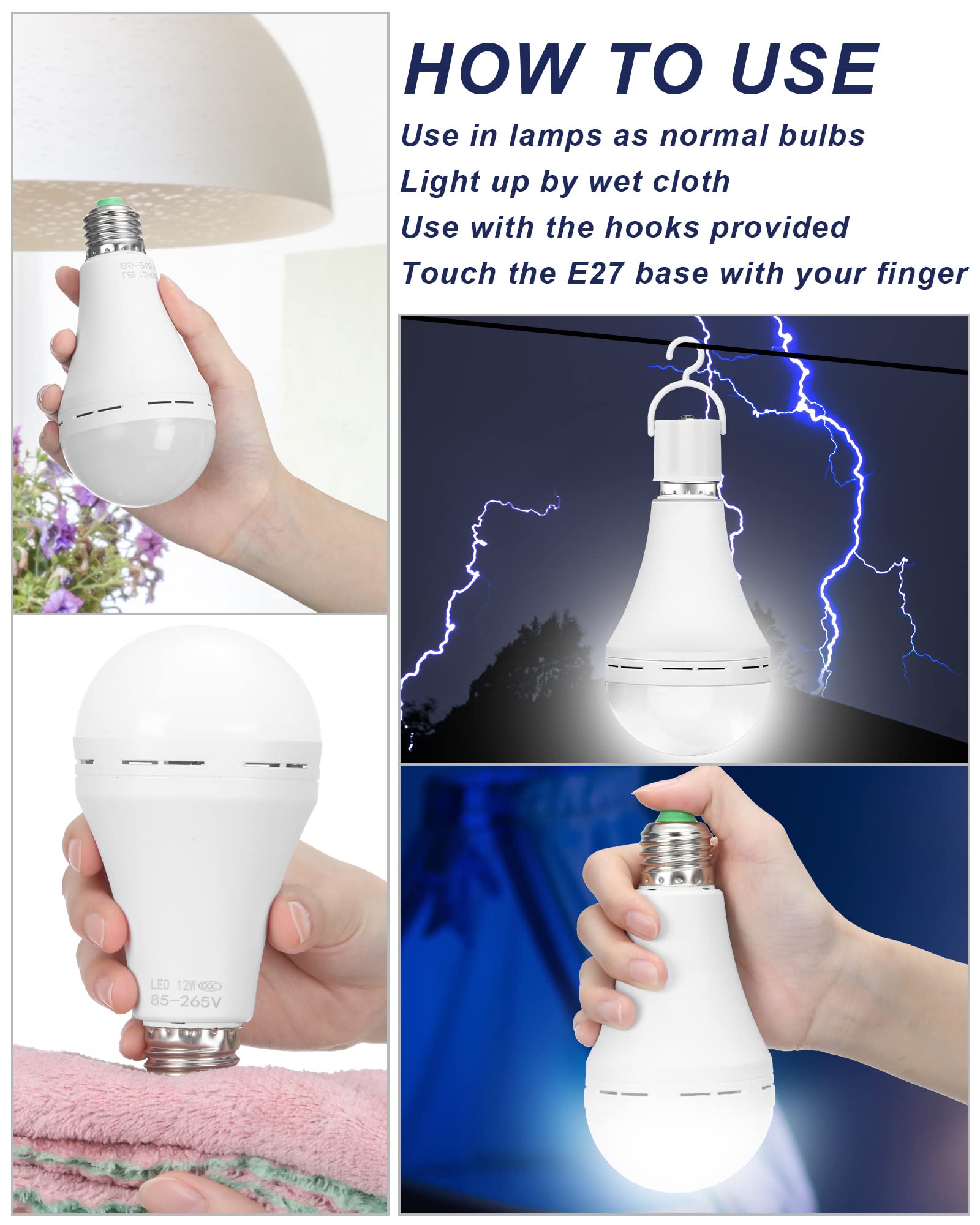 Mudder 12 Pack A21 Rechargeable Light Bulbs 12W Emergency Led Light Bulb Battery With E27 Base Hanging Hooks 1200 Mah 65W Equiva
