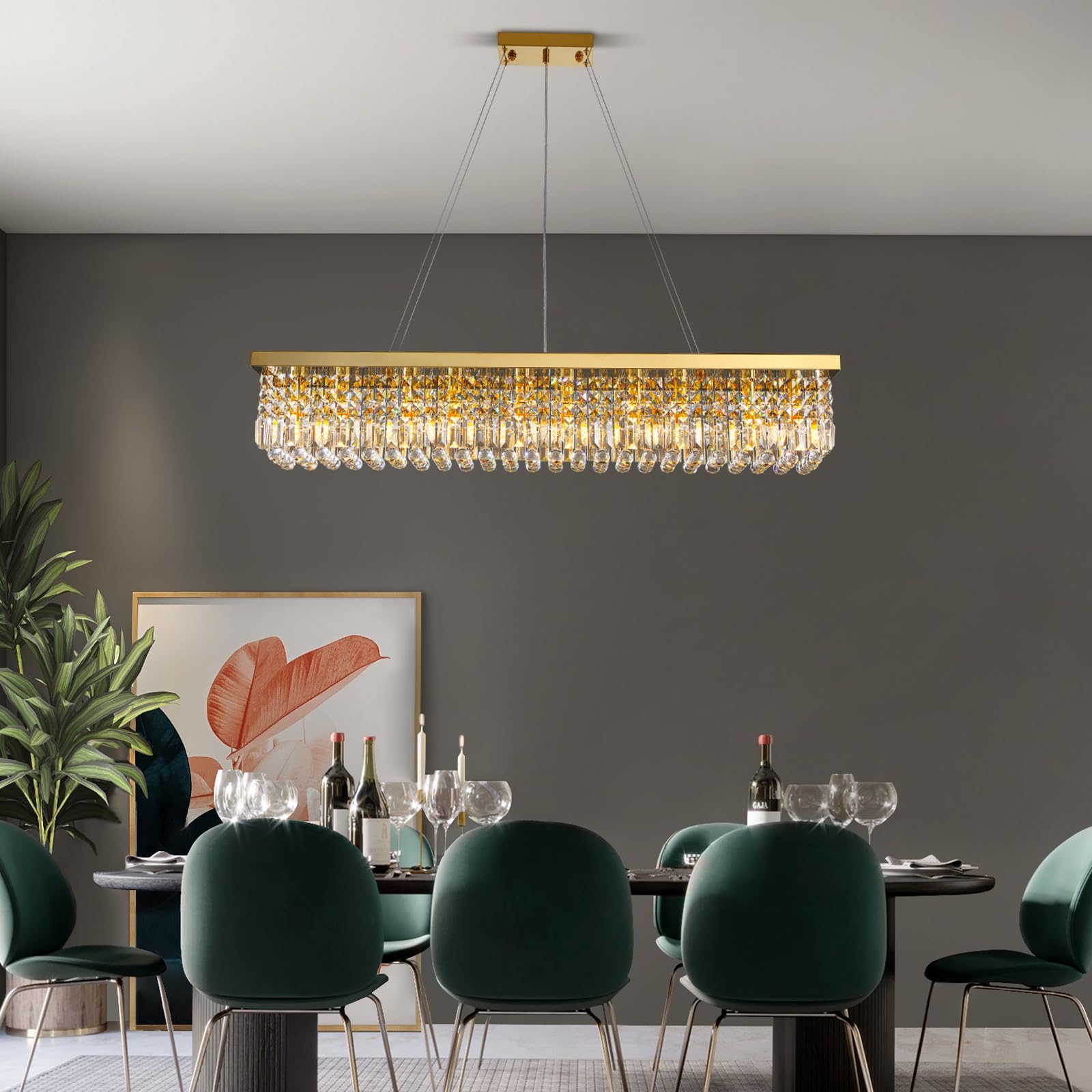Siljoy 10-Light Crystal Chandelier, Gold Rectangular Flush Mount, Stainless Steel, 47in  L x 10in  W x 10in  H, Modern Design for Dining Room