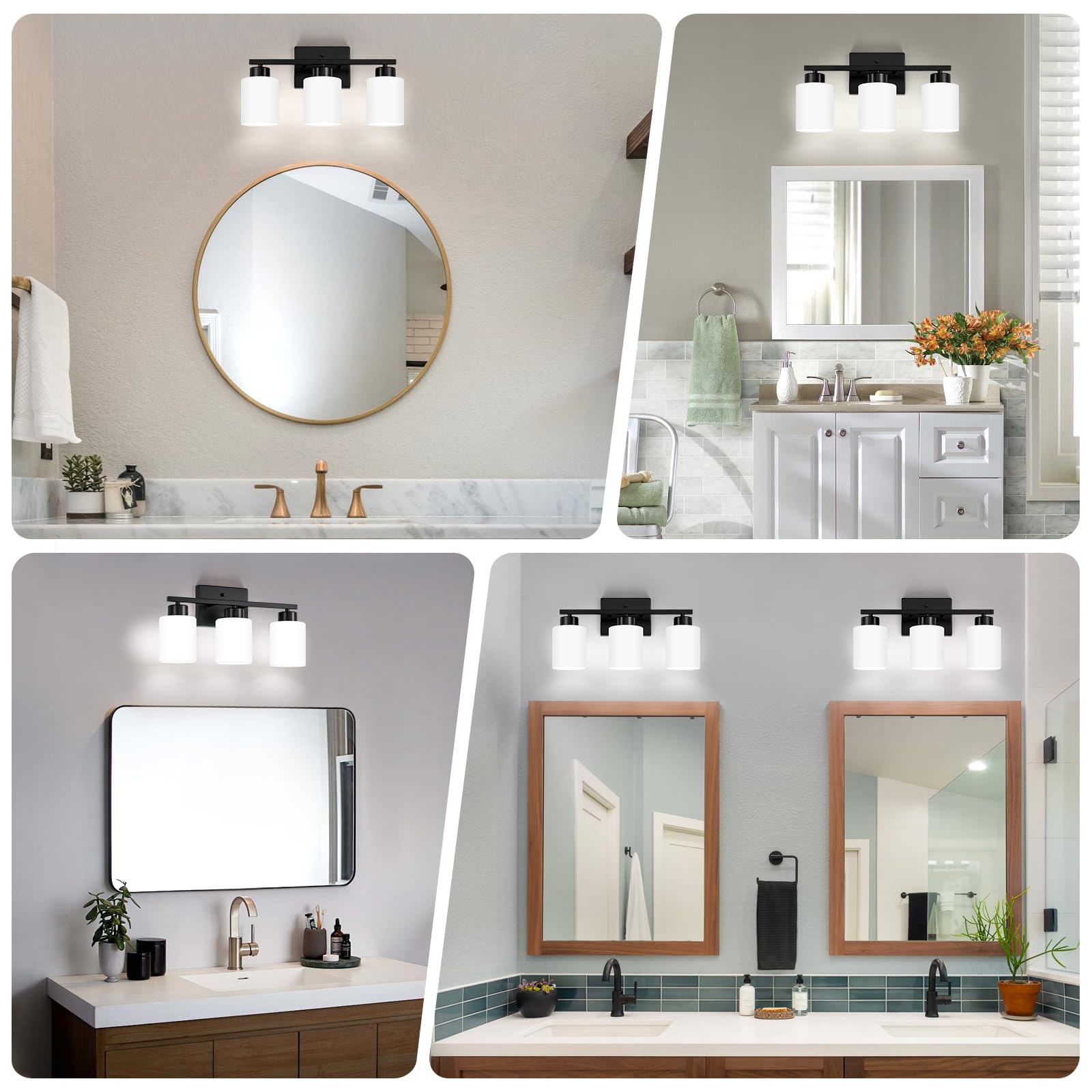 Fonmyim Black Bathroom Light Fixtures, 3-Light Modern Vanity Light Over Mirror, Wall Sconces With Milky White Frosted Glass Shad
