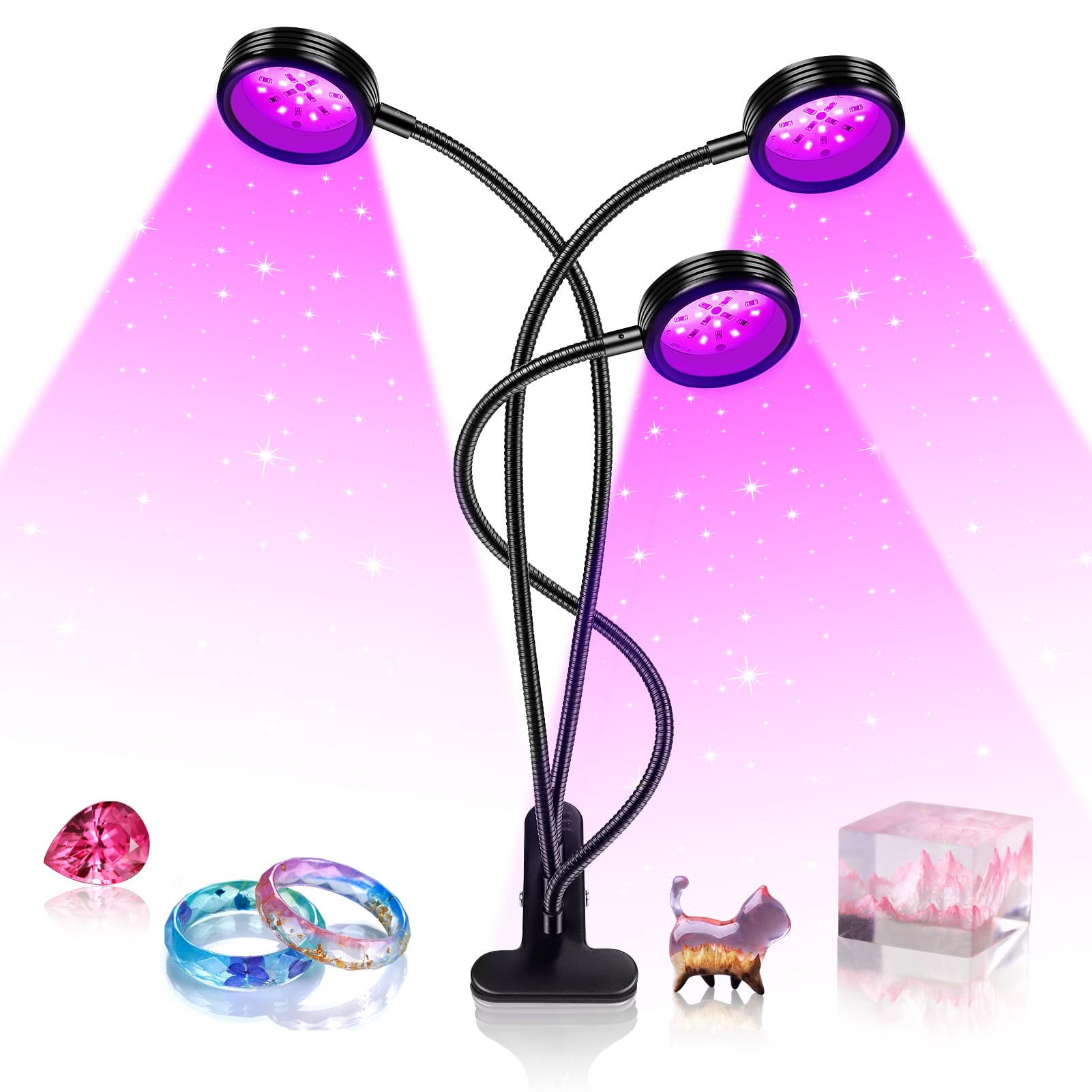 YGS-Tech LED Black Light Dual Head 15W UV Lamp USB Powered 395-405nm for Parties, Stage Lighting, Resin Cure, Glow in The Dark