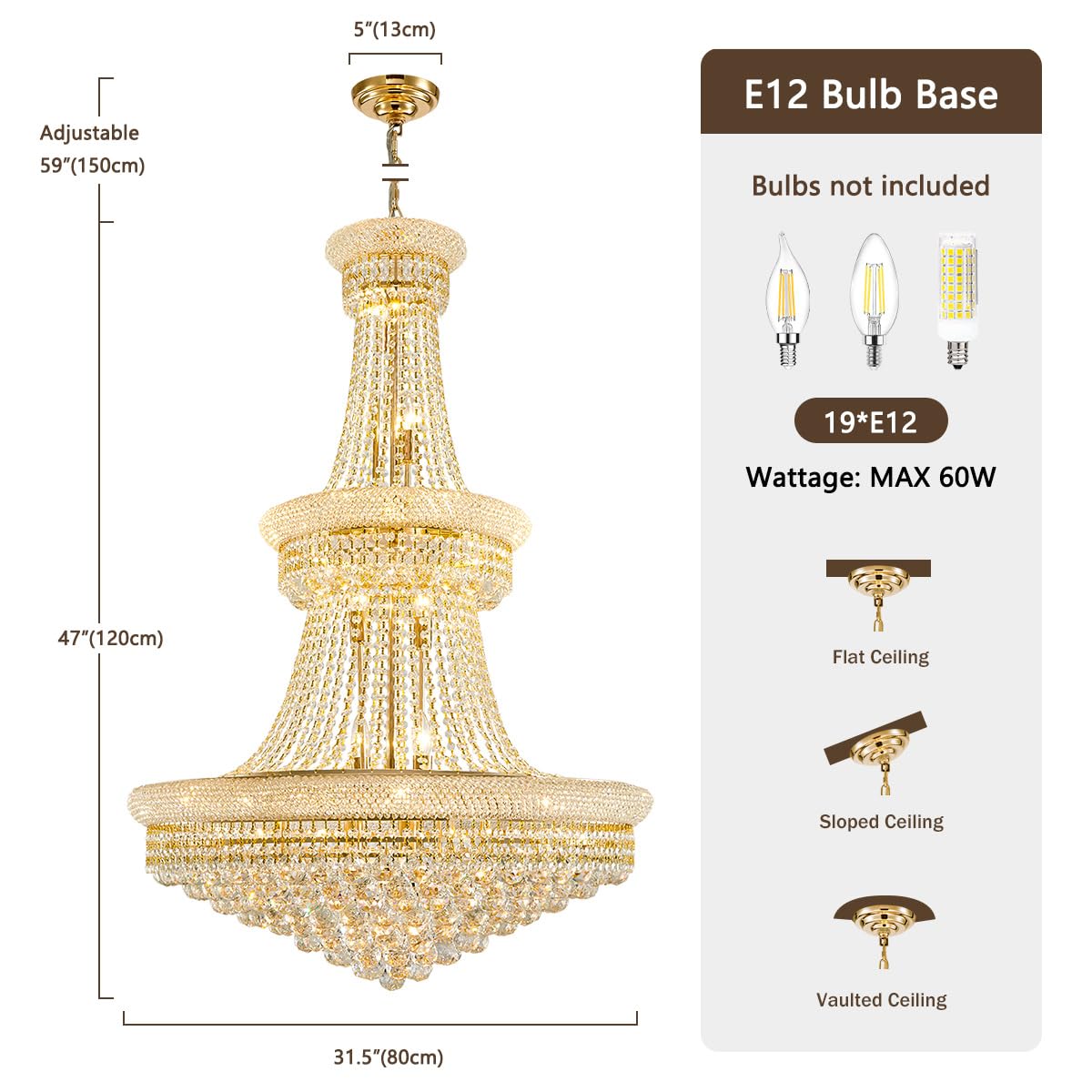 DUNFIZZ 19-Lights Gold Crystal Chandelier, Modern Metal Foyer Fixture, H47 x W31.5 for Staircase, Living Room, Hallway, Model DNF-801