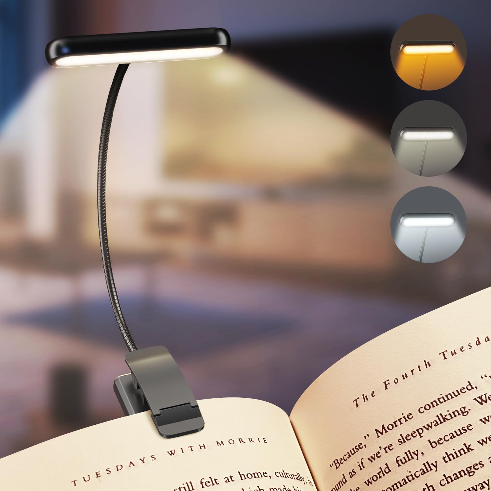 iFalarila Book Light, [Adapter Included] Rechargeable Book Lights for Reading at Night in Bed with 3 Color & 10 Brightness Dimma