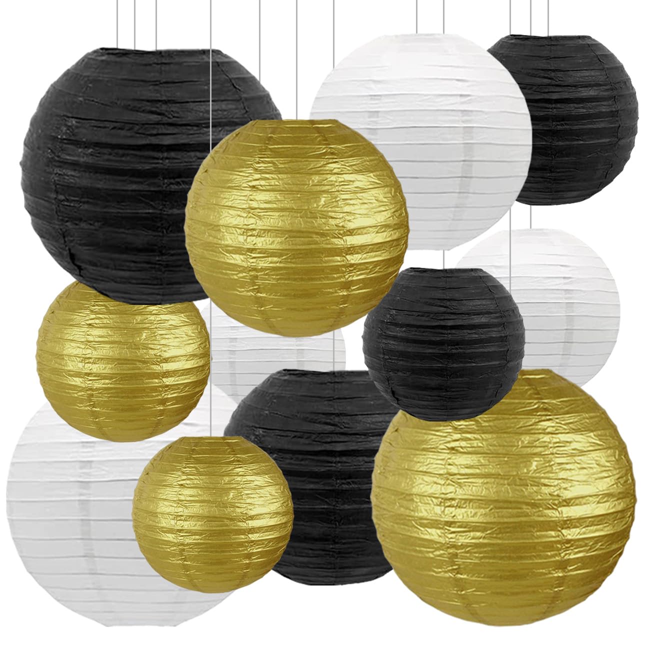 Siprkaict Paper Lanterns Party Decorations,12Pcs Gold Black White Hanging Paper Lantern For For Wedding Graduation Anniversary B
