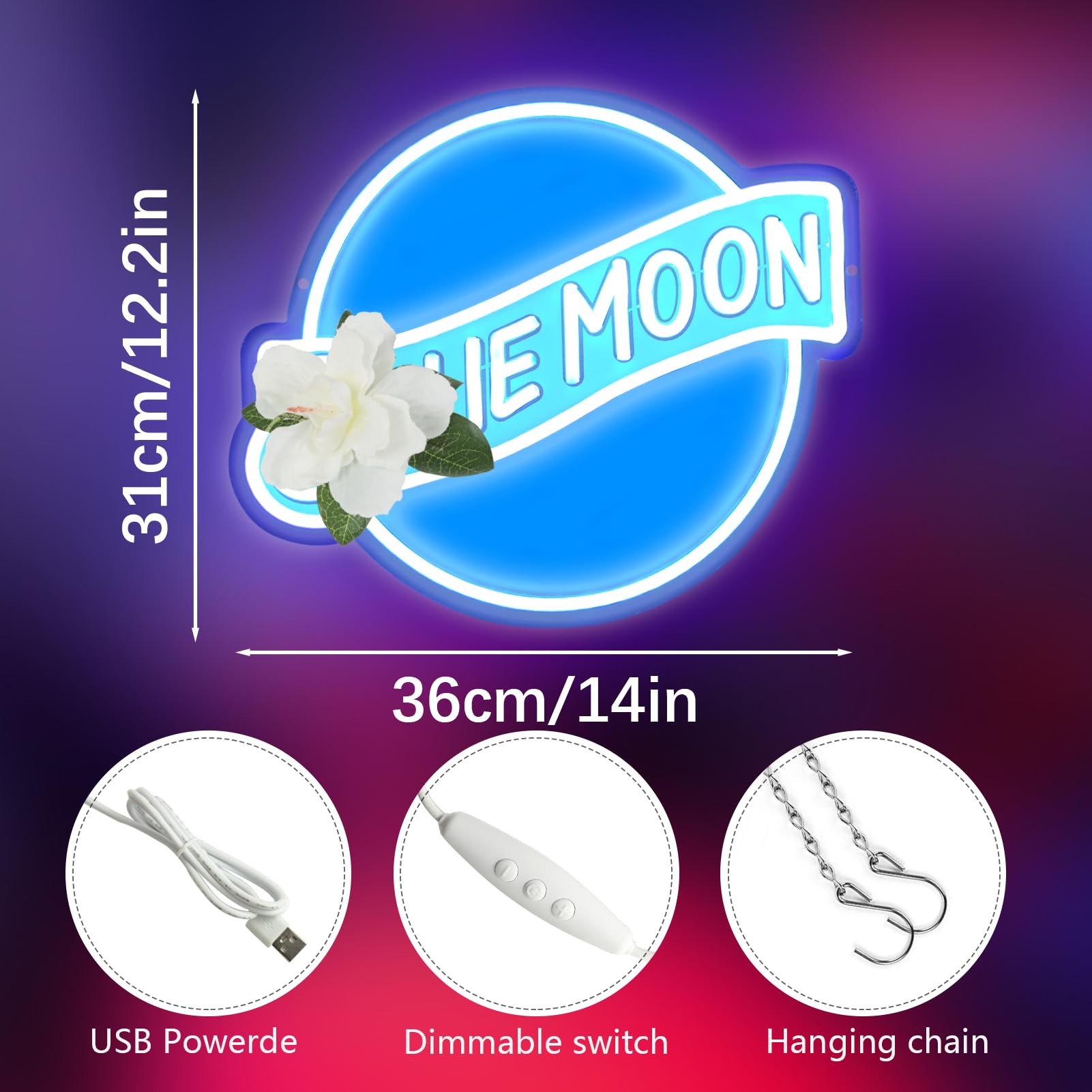 Jfllamp Blue Moon Neon Signs For Wall Decor Neon Lights For Bedroom Led Signs Suitable For Man Cave Bar Pub Restaurant Christmas Birthday Party Gift 5V Usb Power  14 * 12.2 Inch(Azure+White)