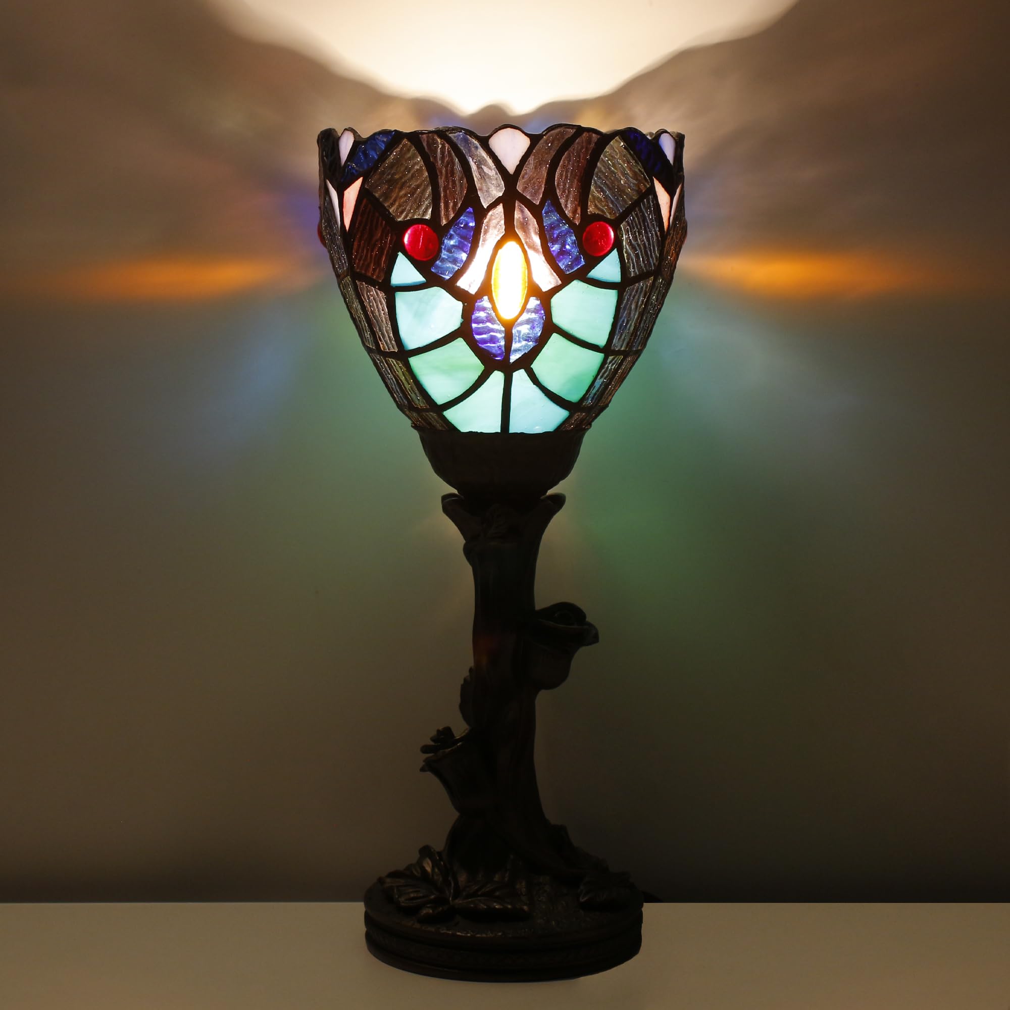 Avivadirect Small Tiffany Lamp Mini Stained Glass Table Lamp Green Liaison Accent Desk Uplight W6 H13.5 Inch Bronze Resin Base