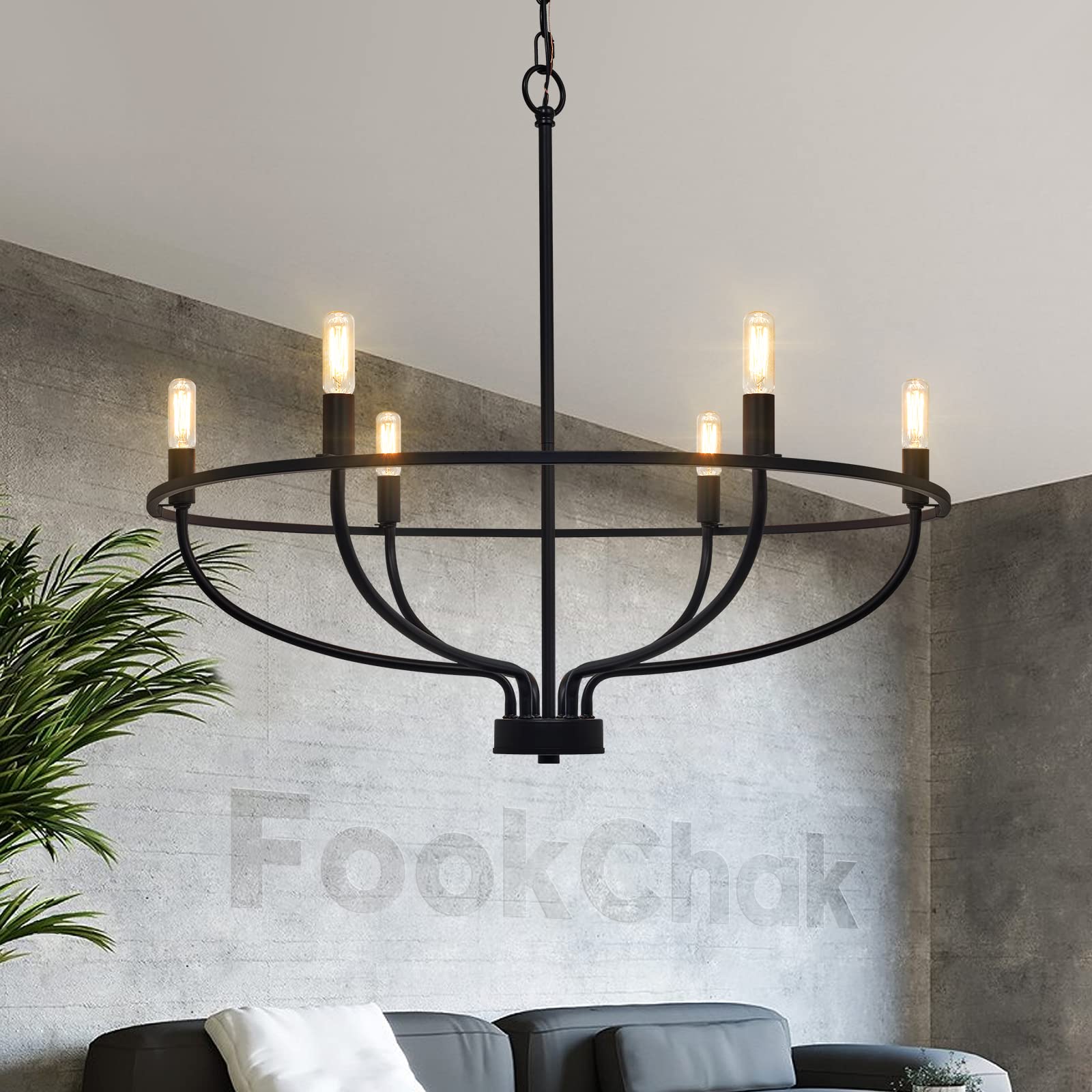 Fookchak Black Dining Room Light Fixture, 6-Light Farmhouse Black Chandelier For Bedroom Metal Candle Chandeliers Hanging Lighting For Kitchen Living Room Entryway Foyer, 28.54In