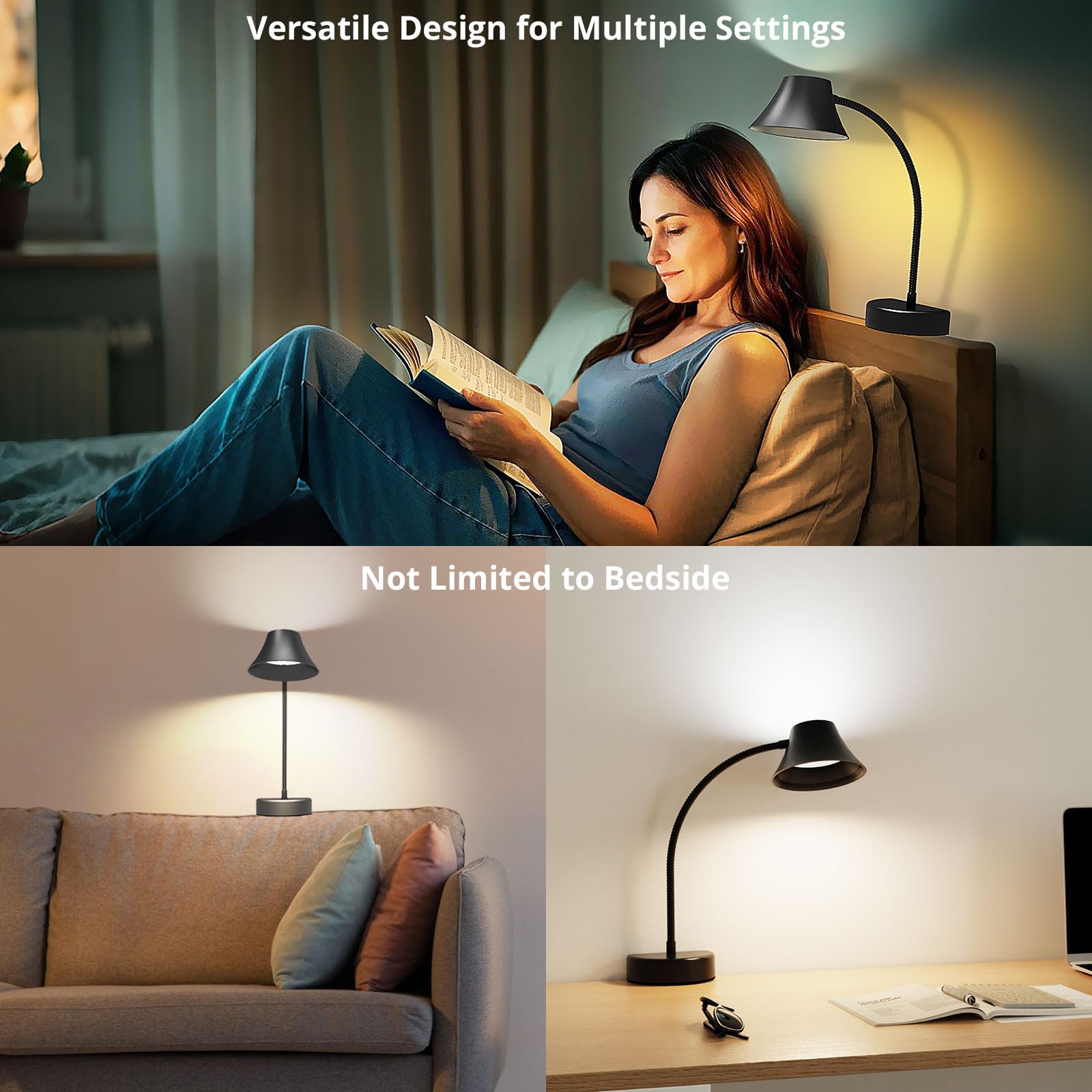 TONYFUL Reading Light for Bed, Eye Care LED Lamp, Flexible Gooseneck, 5 Colors, 10 Brightness Levels, Model HL-DL8010A-18, Black
