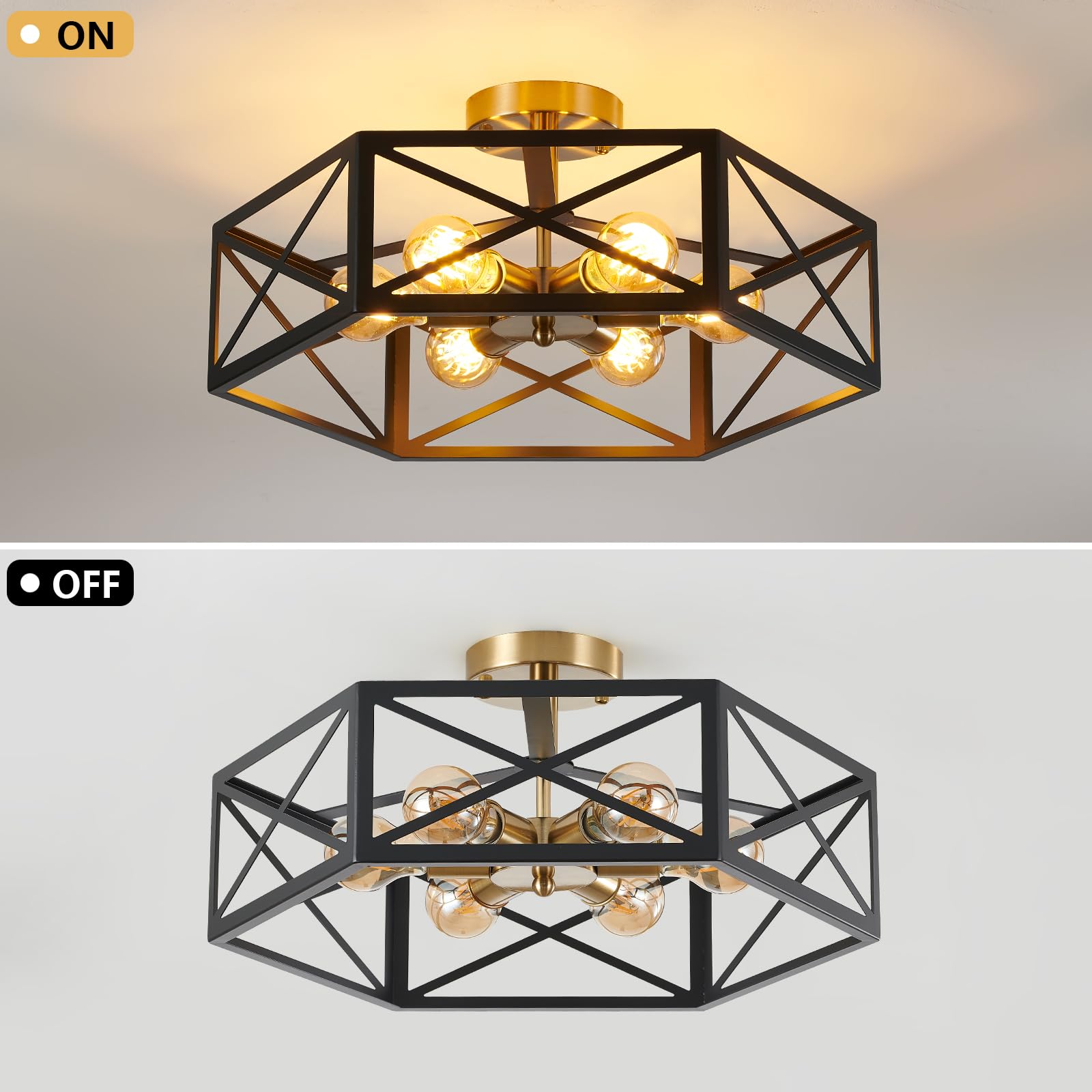 XSDeTu 6-Light Semi Flush Mount Ceiling Light, Black & Gold Metal Hexagon Cage, Industrial Style for Kitchen & Bathroom