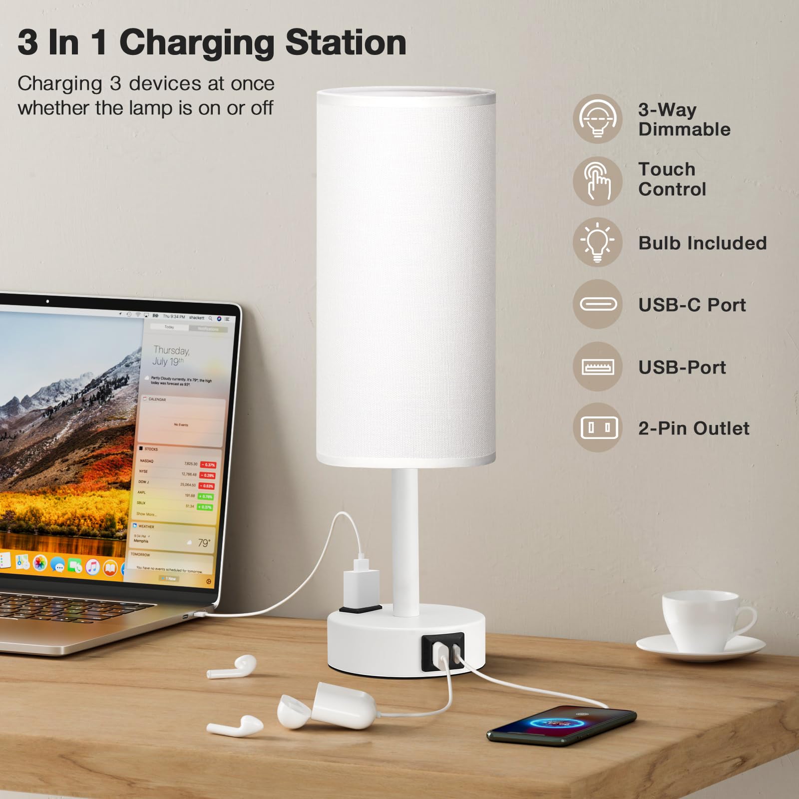 Fenmzee 14" Matte White Touch Control Bedside Table Lamp - 3-Way Dimmable, USB C Charging, LED Bulb Included