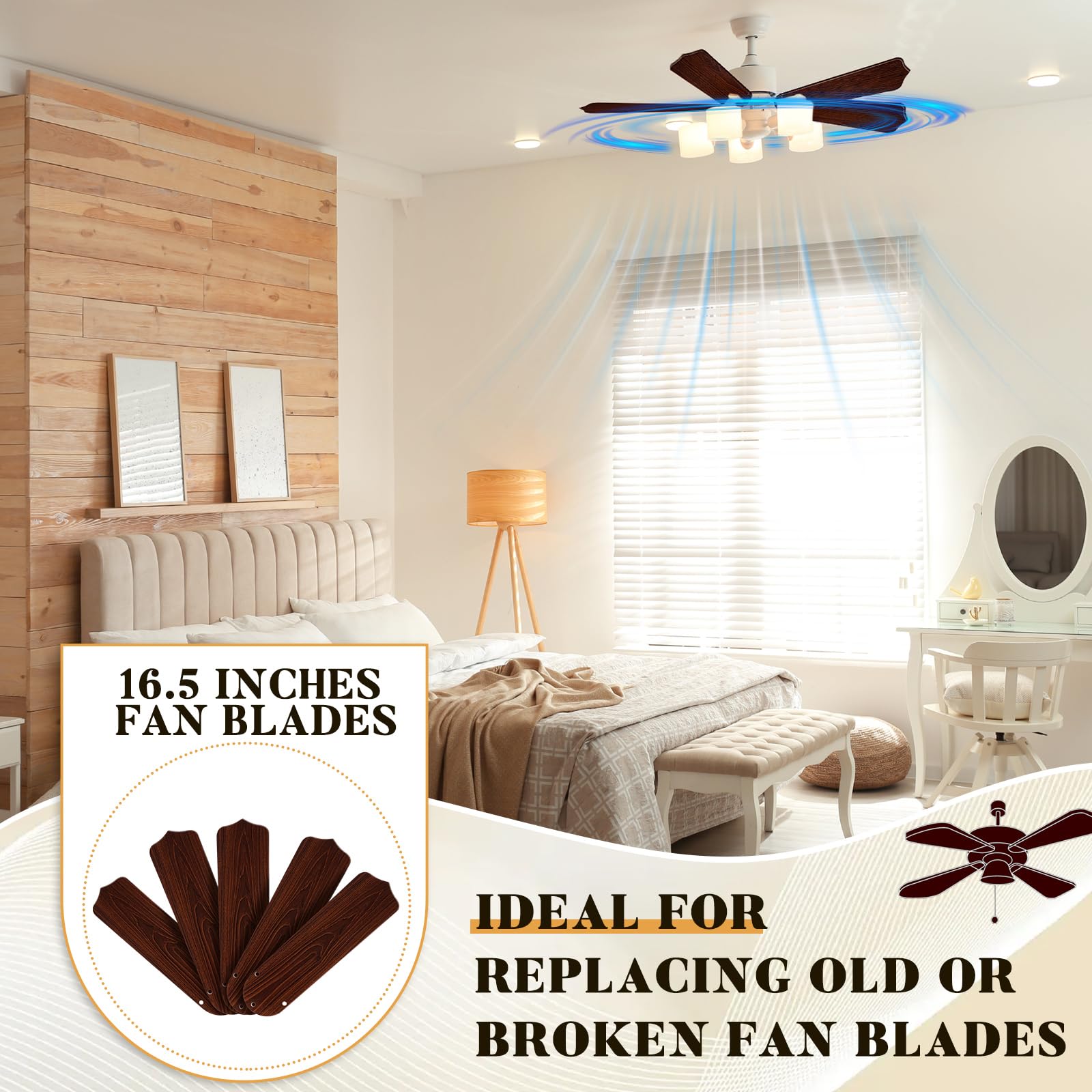 Lineshading 42 Inch Waterproof Ceiling Fan Blades - 5Pcs Wood Color Replacement for Indoor/Outdoor Use