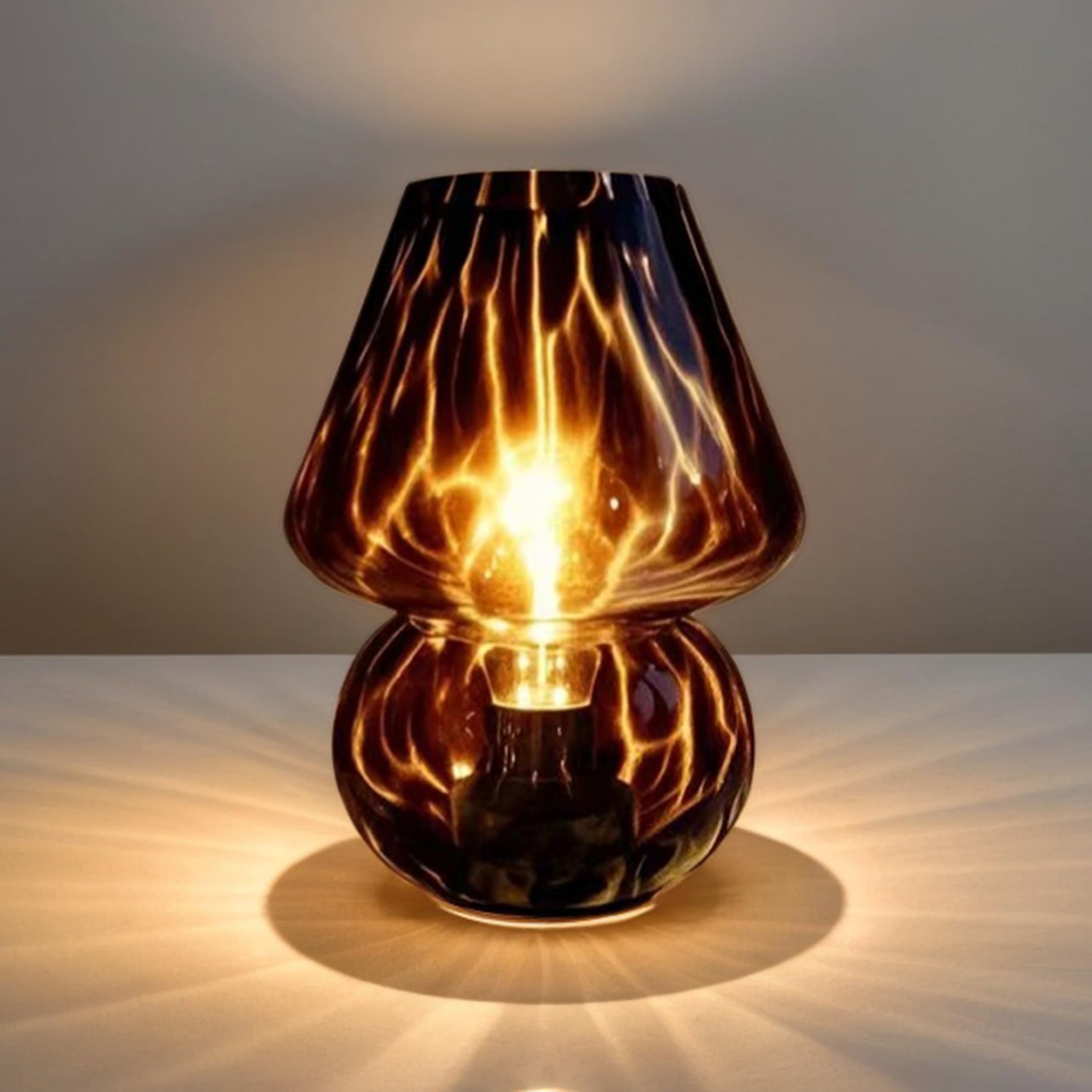 AOMOONOA Glass Mushroom Lamp, Mushroom Desk Lamp with LED Bulb, Small Brown Battery Operated Cordless Lamps for Kitchen Counter,