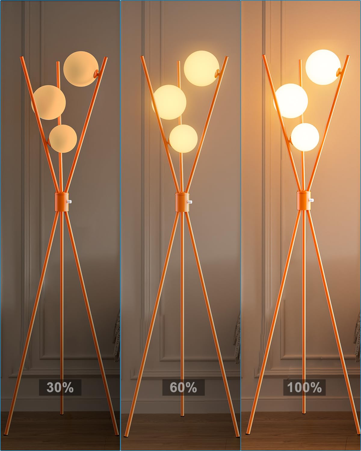 Lightdot Tripod Floor Lamp - Stepless Dimmable with 3 G9 Bulbs, 3000K, Orange, Mid Century Modern, Model LFLL