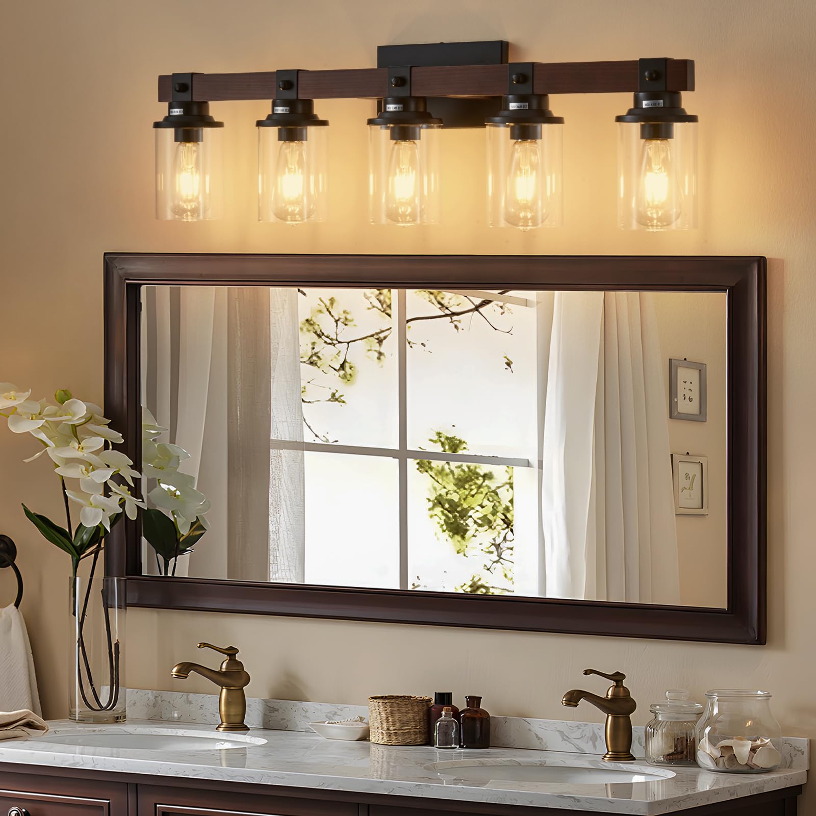 Aixialin 5 Bathroom Vanity Lights, Farmhouse Wooden Bathroom Light Fixture Over Mirror With Clear Glass, Wood Vanity Light For B