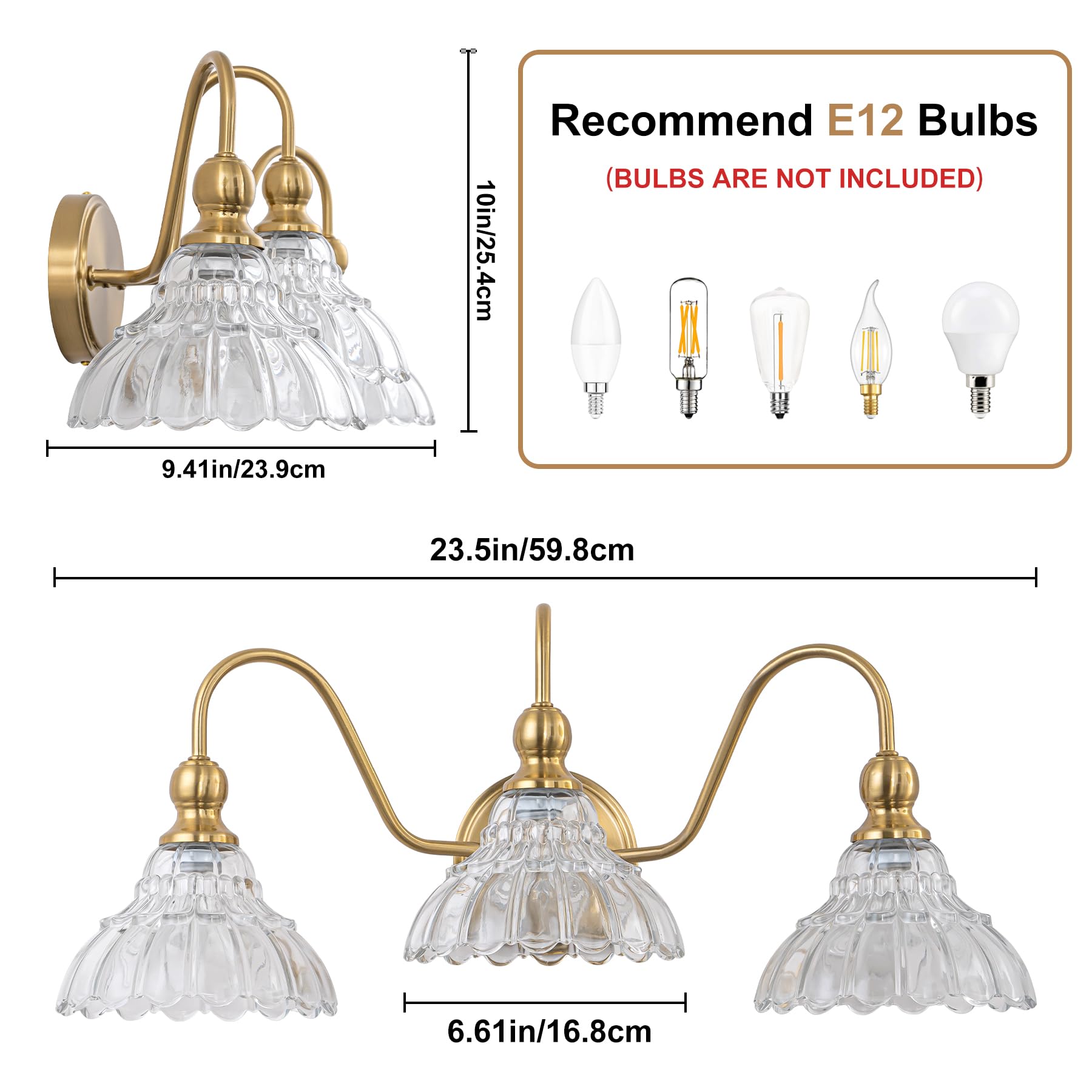 Brknit Vintage Bathroom Light Fixtures Over Mirror  3-Light Brass Wall Sconce Lighting With Flower Glass Shade  Farmhouse Vanity Lights For Bedroom Kitchen Living Room Hallway Light