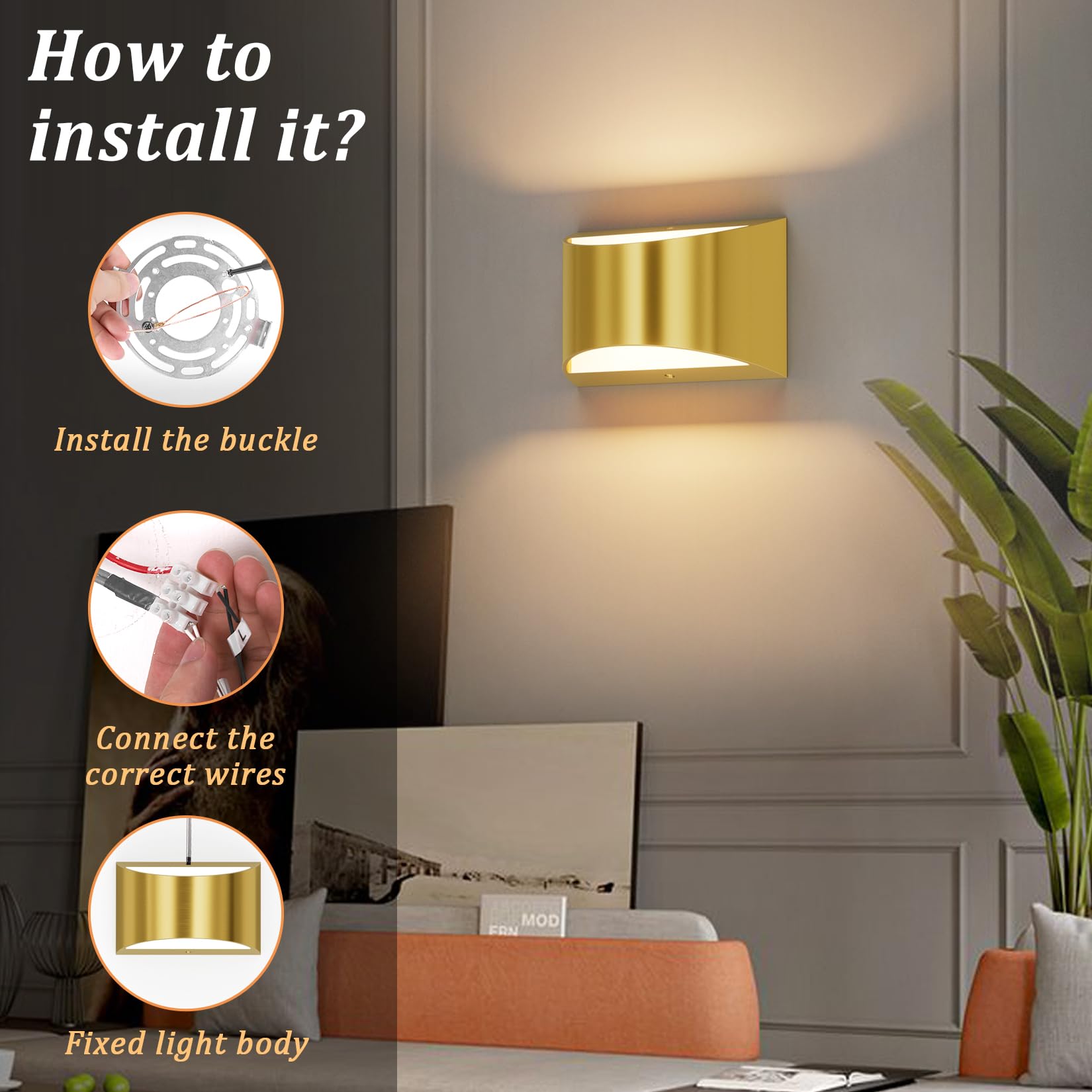 Aipsun Brushed Brass Wall Sconce Indoor Light Hardwired 1 Pack Warm White 3000K Aluminum