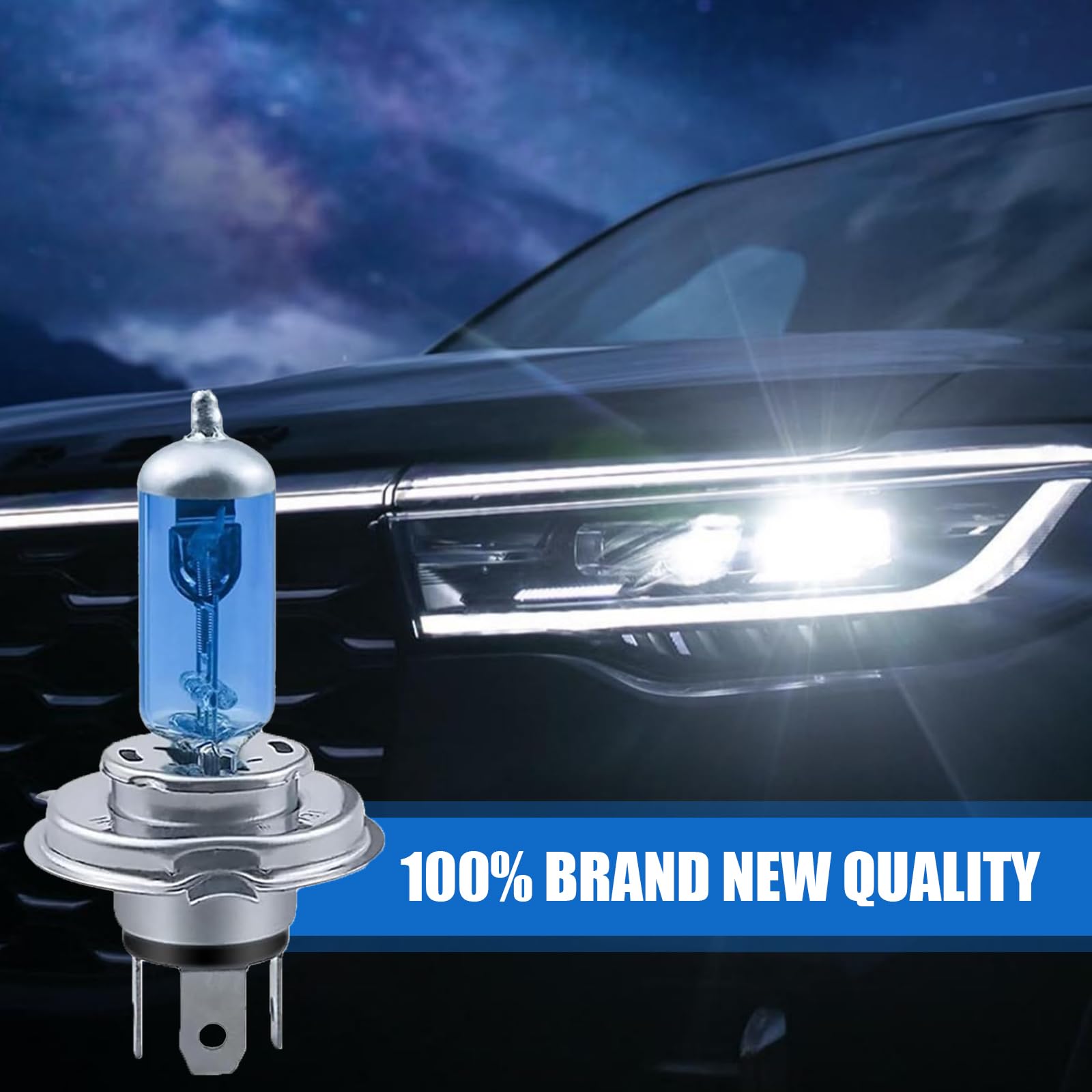 Flygun Car Halogen Bulbs - 100W Front Fog Light Bulbs, 2 PCS, White #H4, Model FUNLED1702WH-H4-2PS, Super Bright Auto