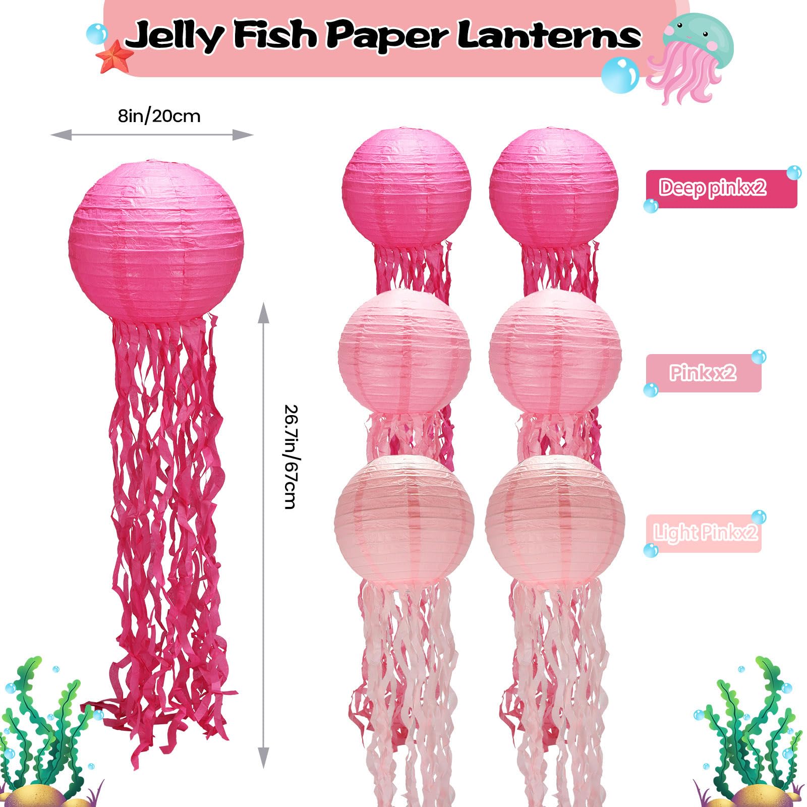 Jellyfish Decorations,Pink Jellyfish Lanterns 6Pack, Jellyfish Decor With String And Hooks For Under The Sea,Mermaid Birthday,Oc