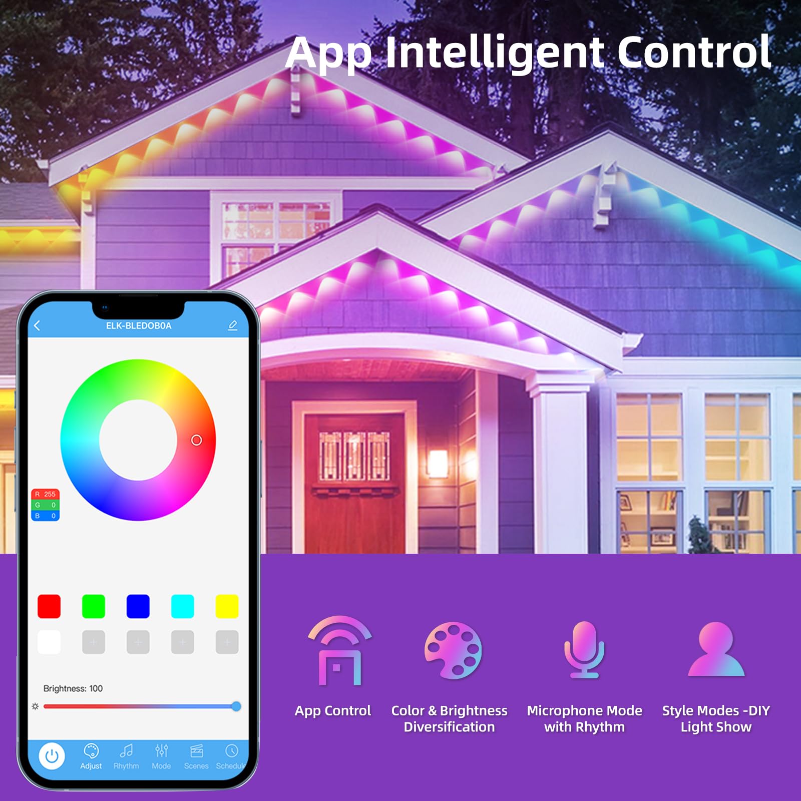 AHAWILL Outdoor RGB String Lights, IP67 Waterproof, 100ft, Smart Control, White, Model HCP045 for Halloween & Christmas Decor