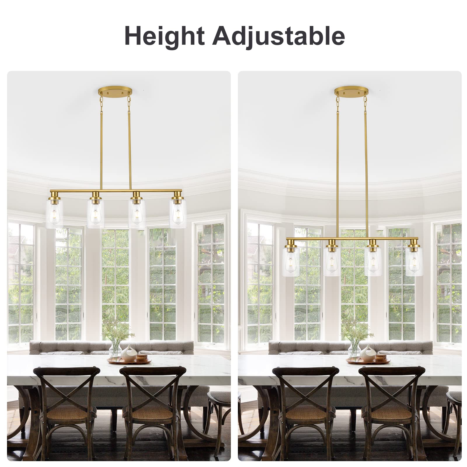 KPIOK 4-Light Gold Linear Chandelier - Adjustable Kitchen Island Pendant Light with Clear Glass Shade, Model BB003P-4AGB