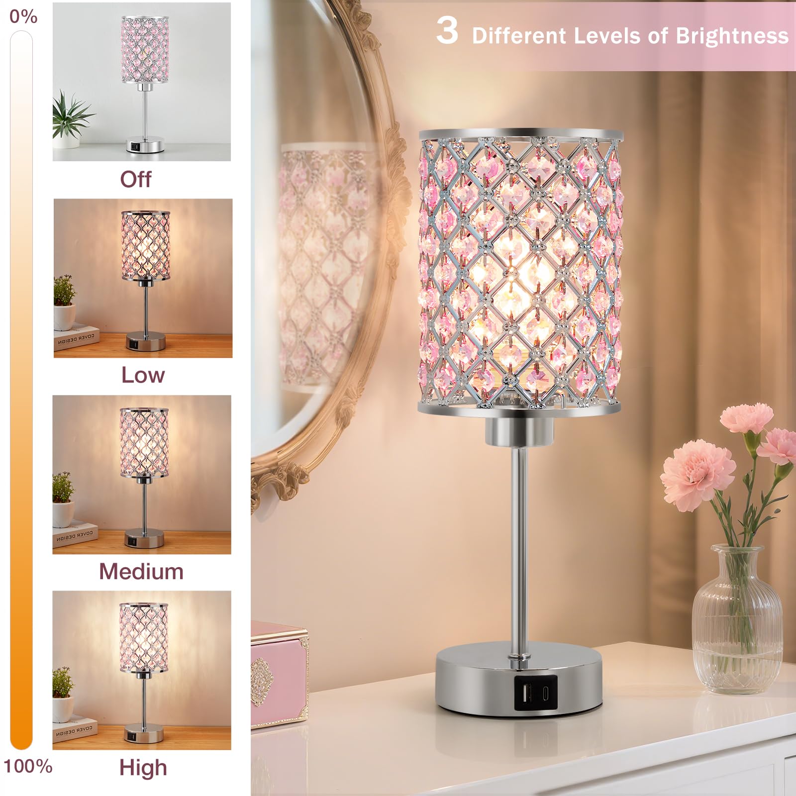 Pink Crystal Table Lamp, Touch Control Bedside Lamps With Usb-C+A Charging Ports, 3-Way Dimmable Nightstand Small Desk Lamp Set