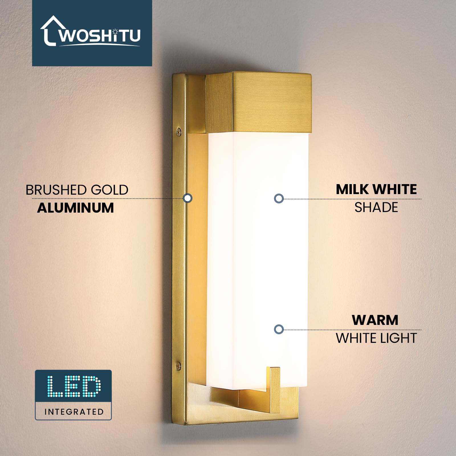 Woshitu Gold Wall Sconce Light - Modern Dimmable Wall Sconces Set Of Two Led 3000K 15W Bathroom Vanity Light With Acrylic Shade Indoor Hardwired Sconce Lighting For Bedroom/Living Room/Hallway/Stairs
