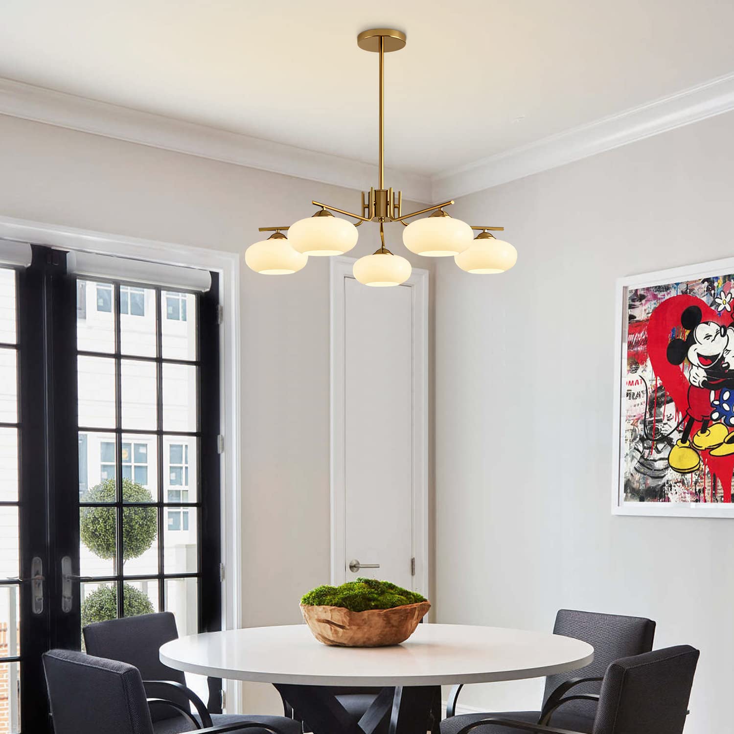 KCO 5-Light Globe Flush Mount Chandelier, Modern Brass Gold & Milk Glass, Model L1127-5-Head, Ideal for Kitchen Island & Dining Room