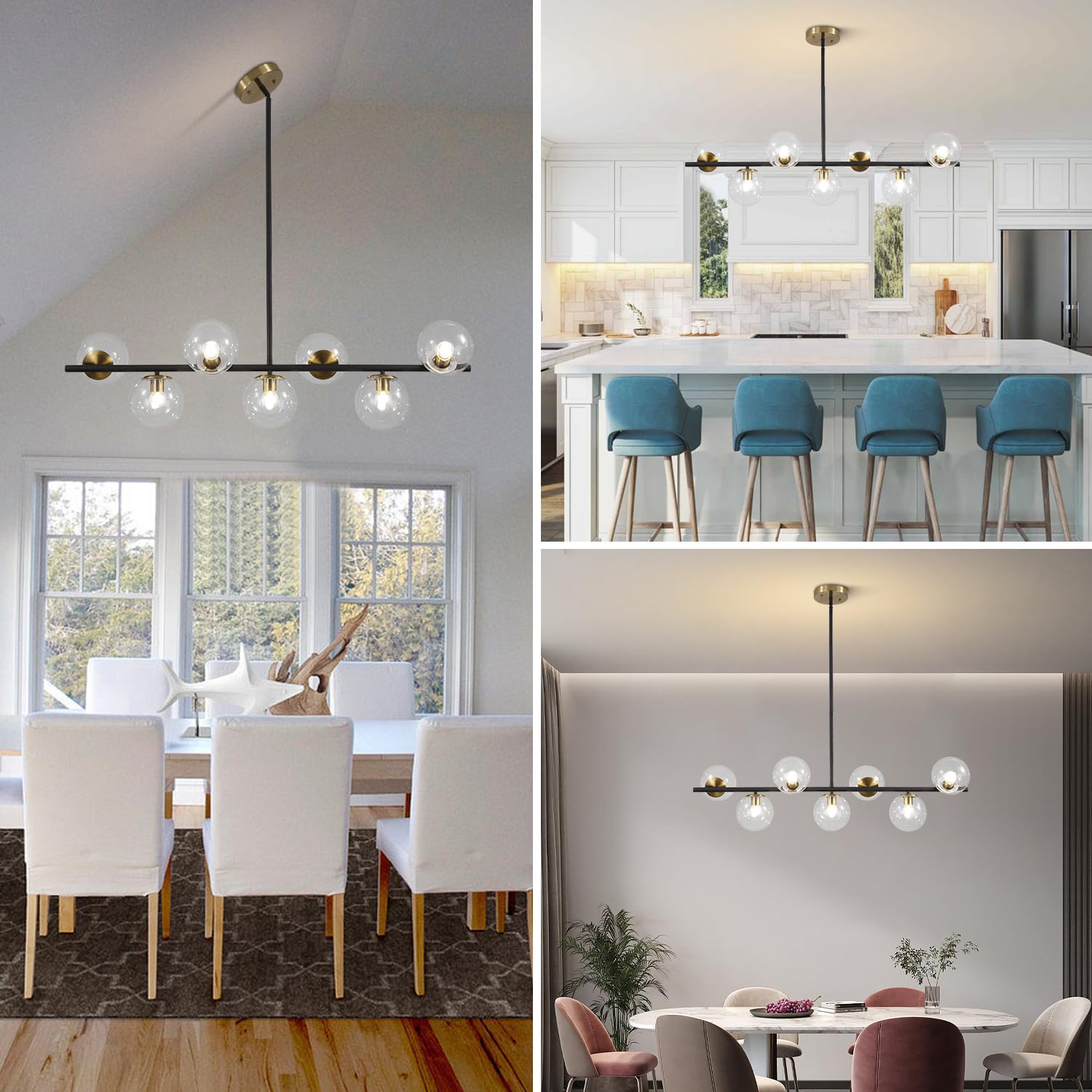 Kco Black Brass 7-Light Chandelier, Clear Glass Bubble Modern Sputnik Pendant Lighting